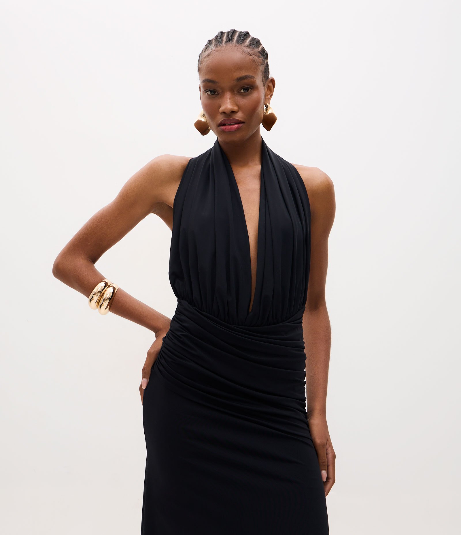 Vestido Midi em Poliamida com Decote V Profundo e Drapeado Preto 2