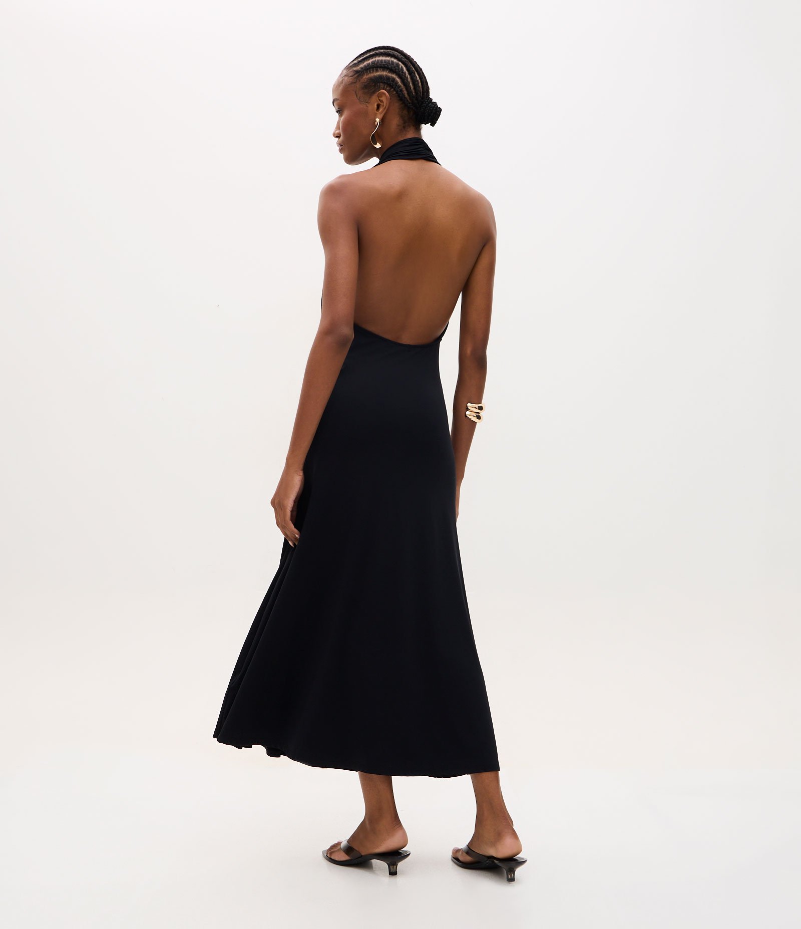 Vestido Midi em Poliamida com Decote V Profundo e Drapeado Preto 5