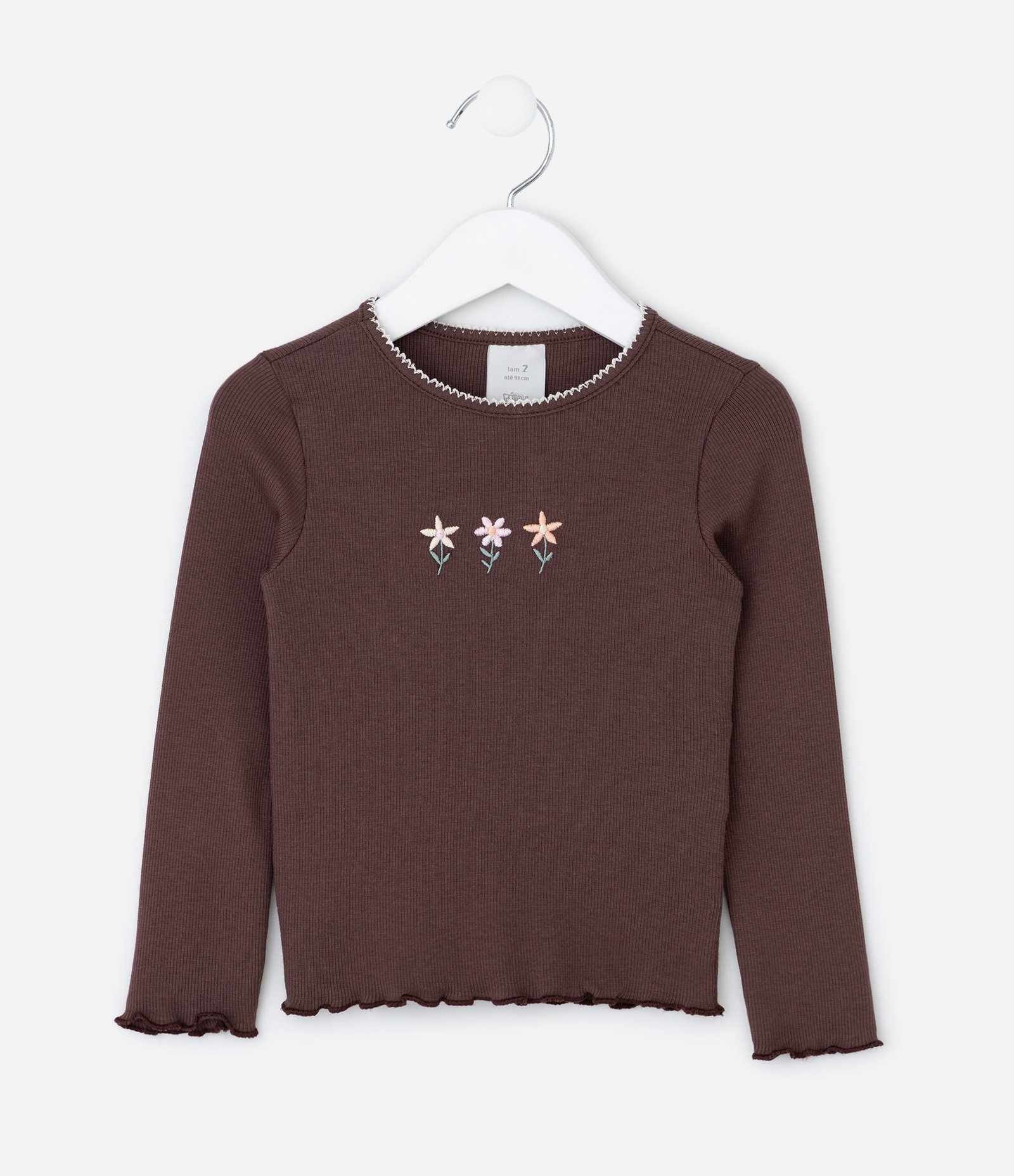 Blusa Infantil Canelada com Bordado Flor – Tam 1 a 5/6 Anos Marrom 2