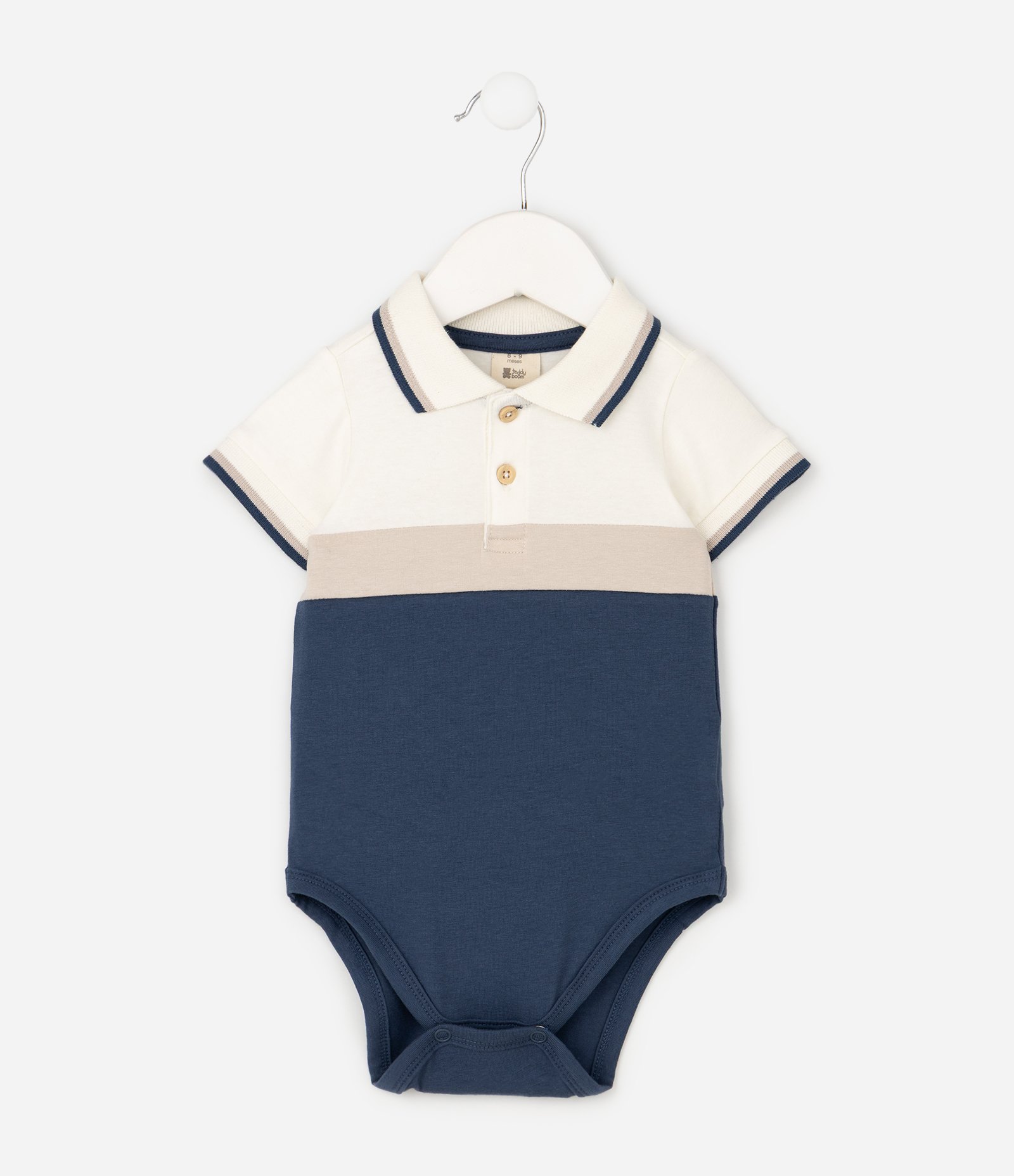 Body Infantil com Gola Polo e Recortes em Blocos de Cores – Tam 0 a 18 Meses Bege/Azul 2