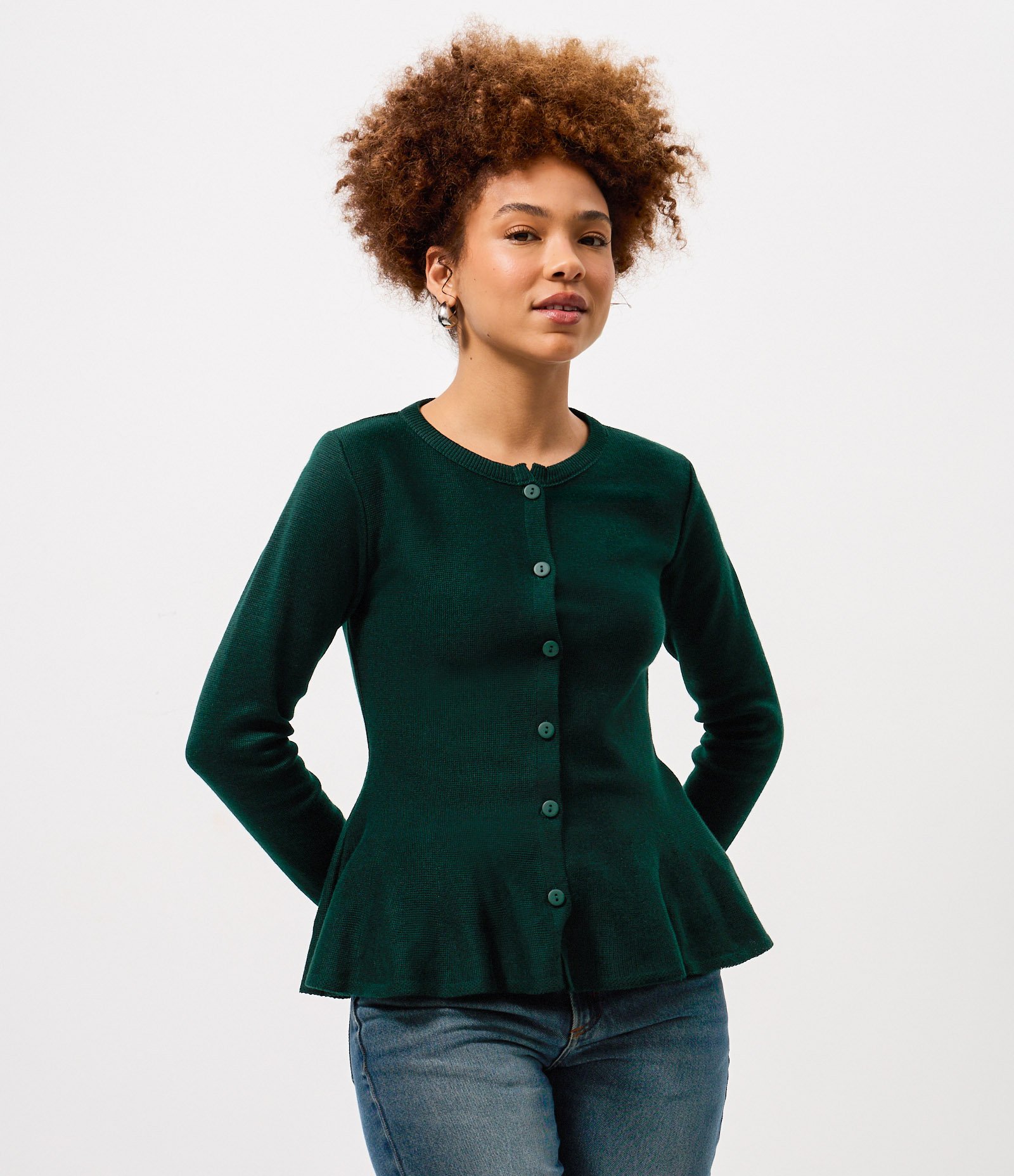 Casaco em Tricô com Abotoamento Frontal e Barra Peplum Verde 1
