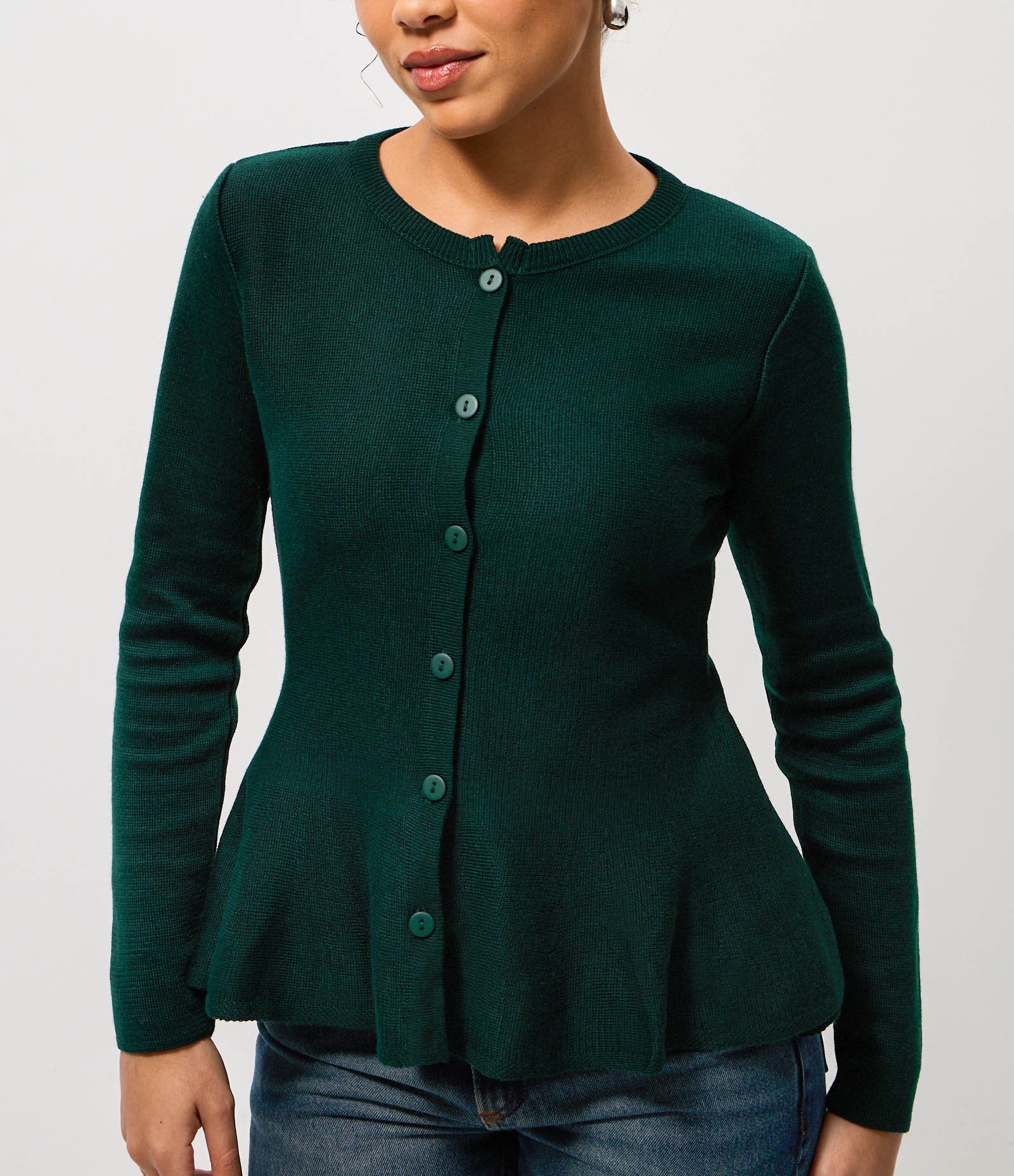 Casaco em Tricô com Abotoamento Frontal e Barra Peplum Verde 3