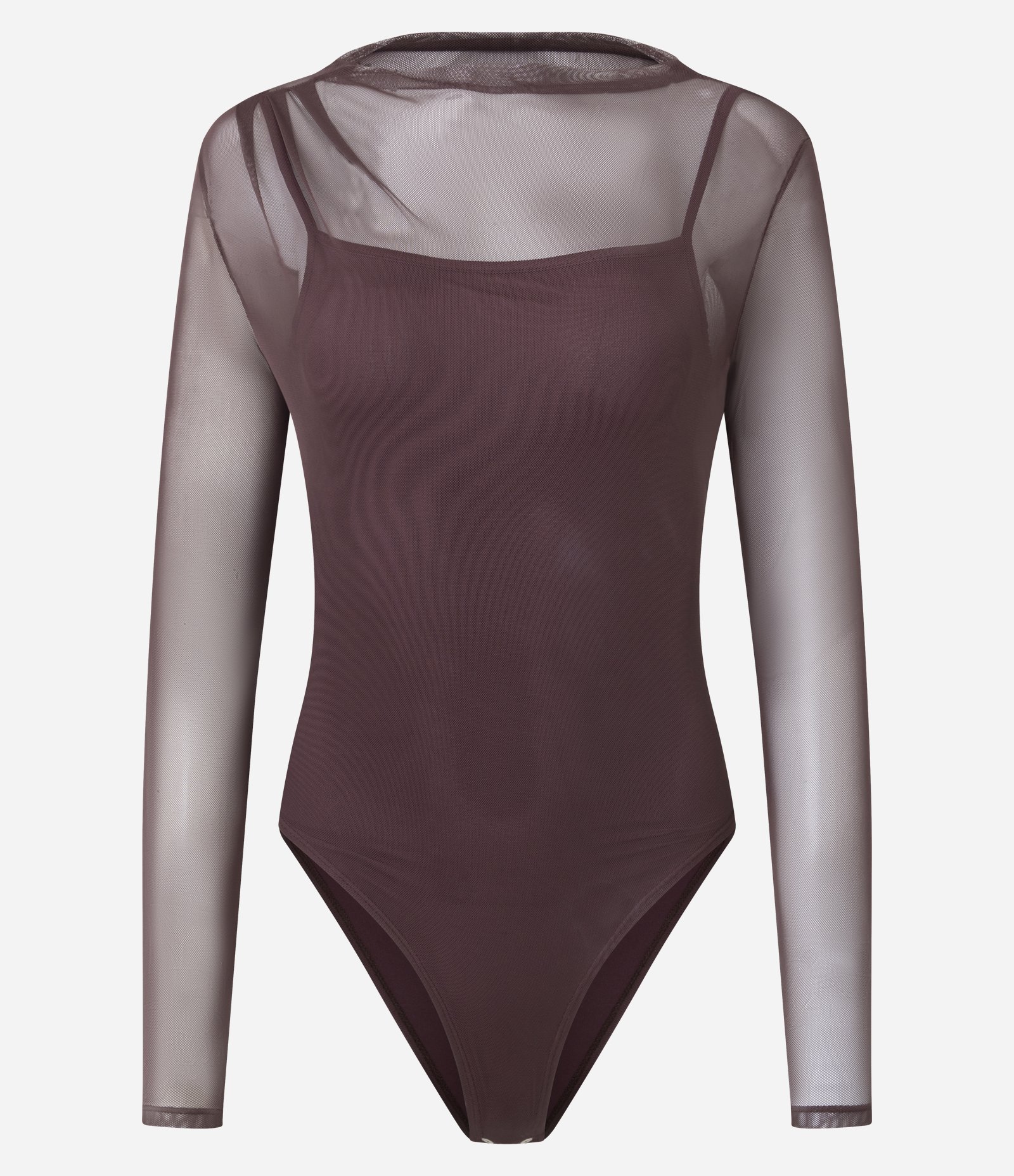 Body Manga Longa em Tule com Gola Alta Bordô 1