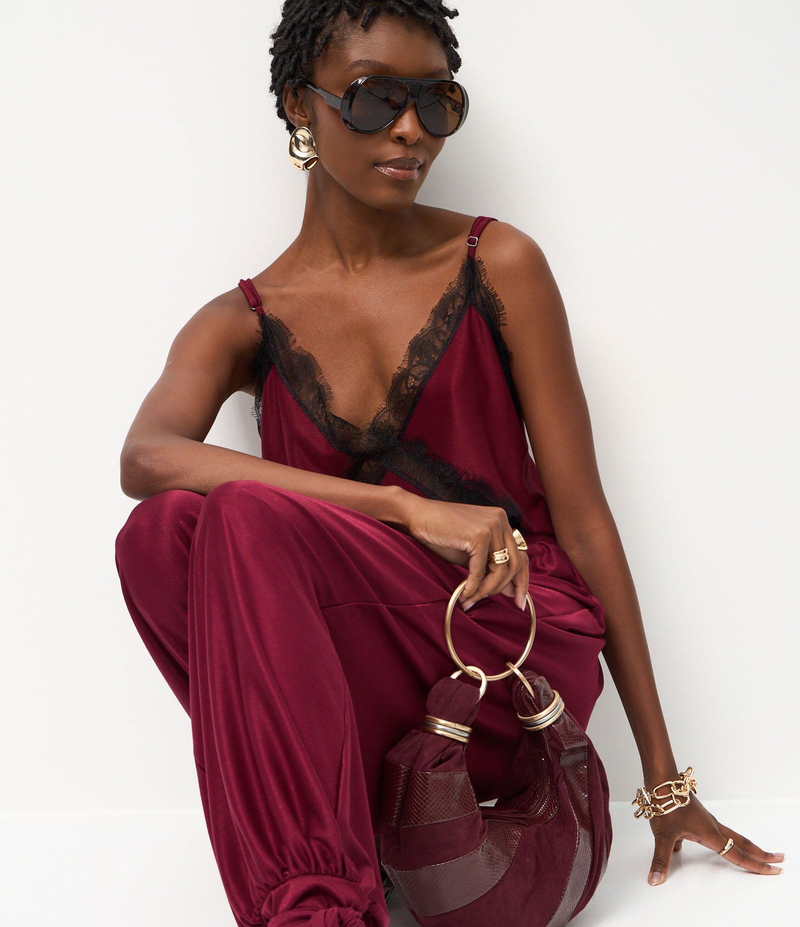 Calça Aladim em Piquet com Amarração no Tornozelo Vinho 5