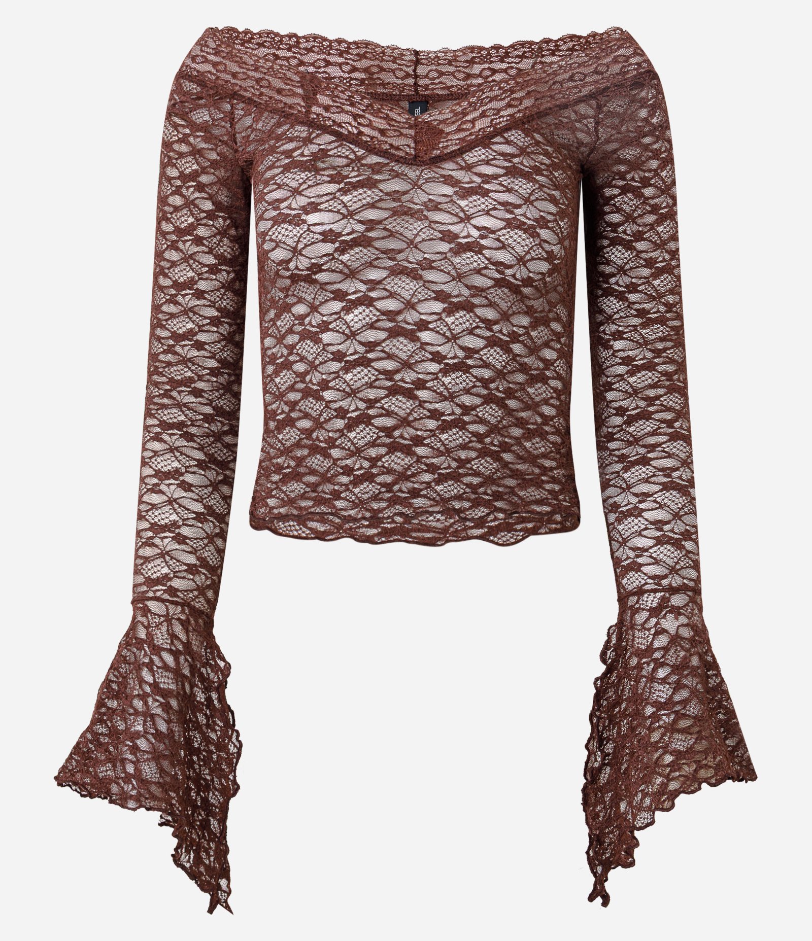 Blusa Manga Flare em Renda com Decote Ombro a Ombro Marrom 1