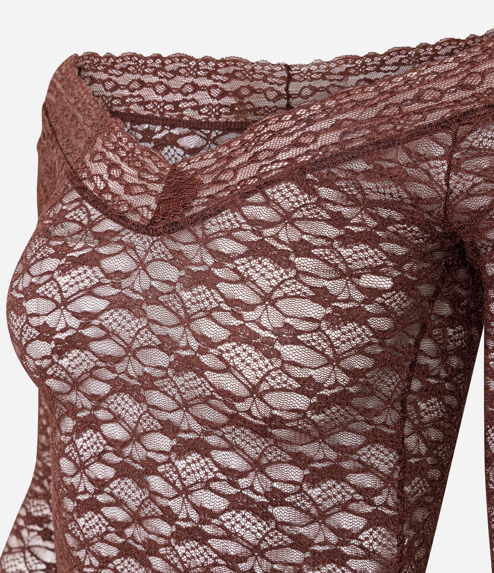 Blusa Manga Flare em Renda com Decote Ombro a Ombro Marrom 2