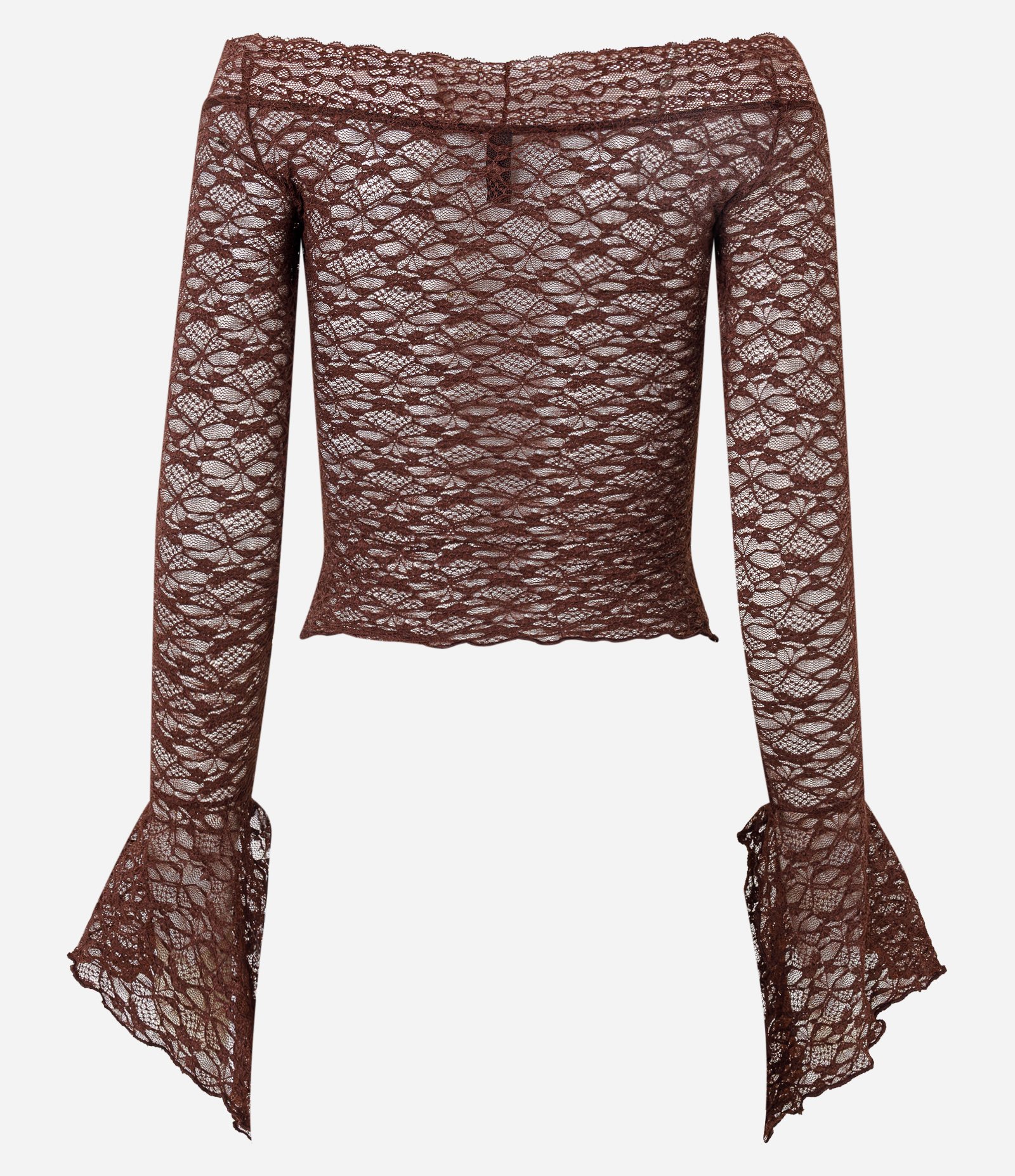 Blusa Manga Flare em Renda com Decote Ombro a Ombro Marrom 3