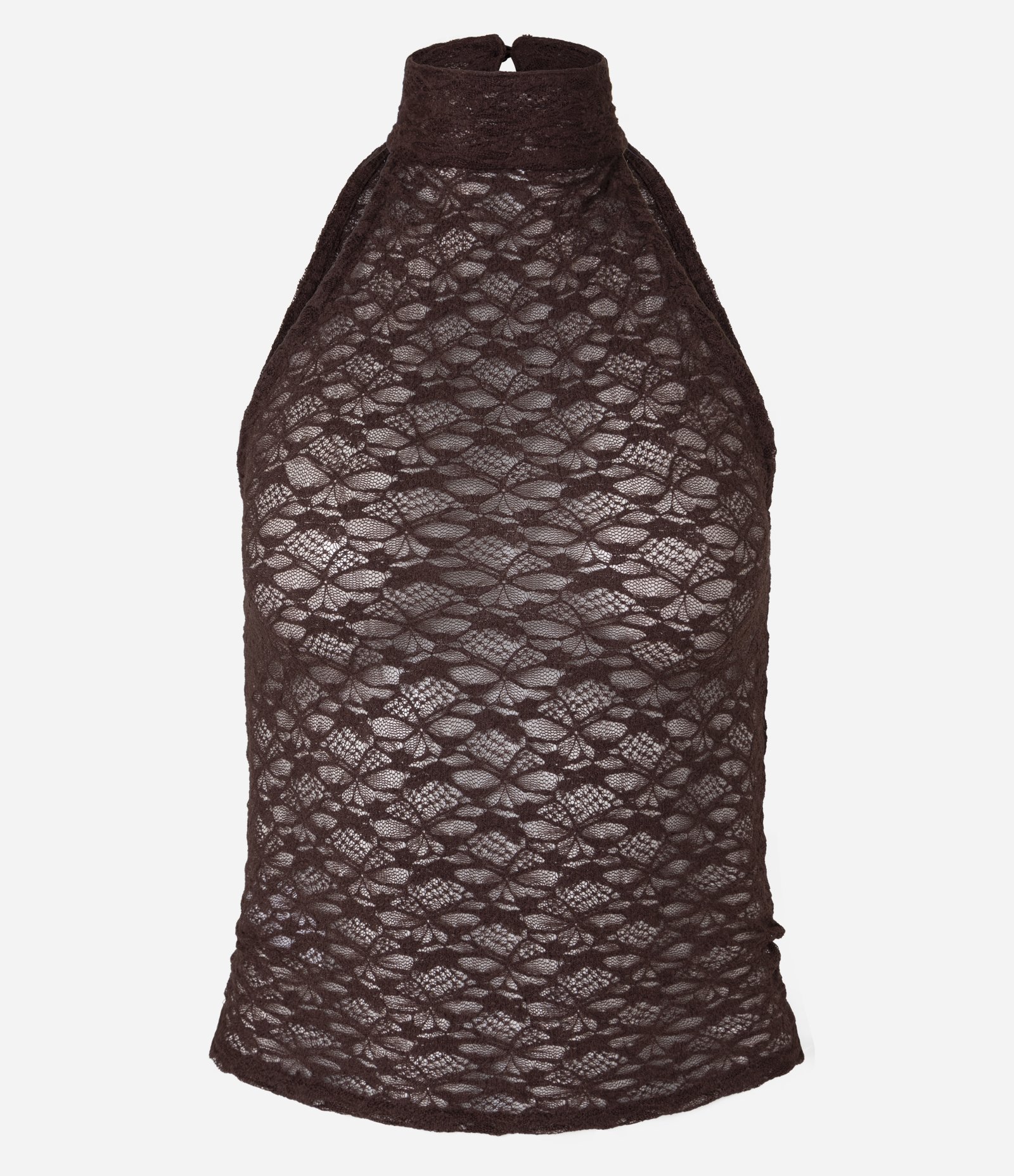 Blusa Halter em Renda com Gola Alta Marrom 1