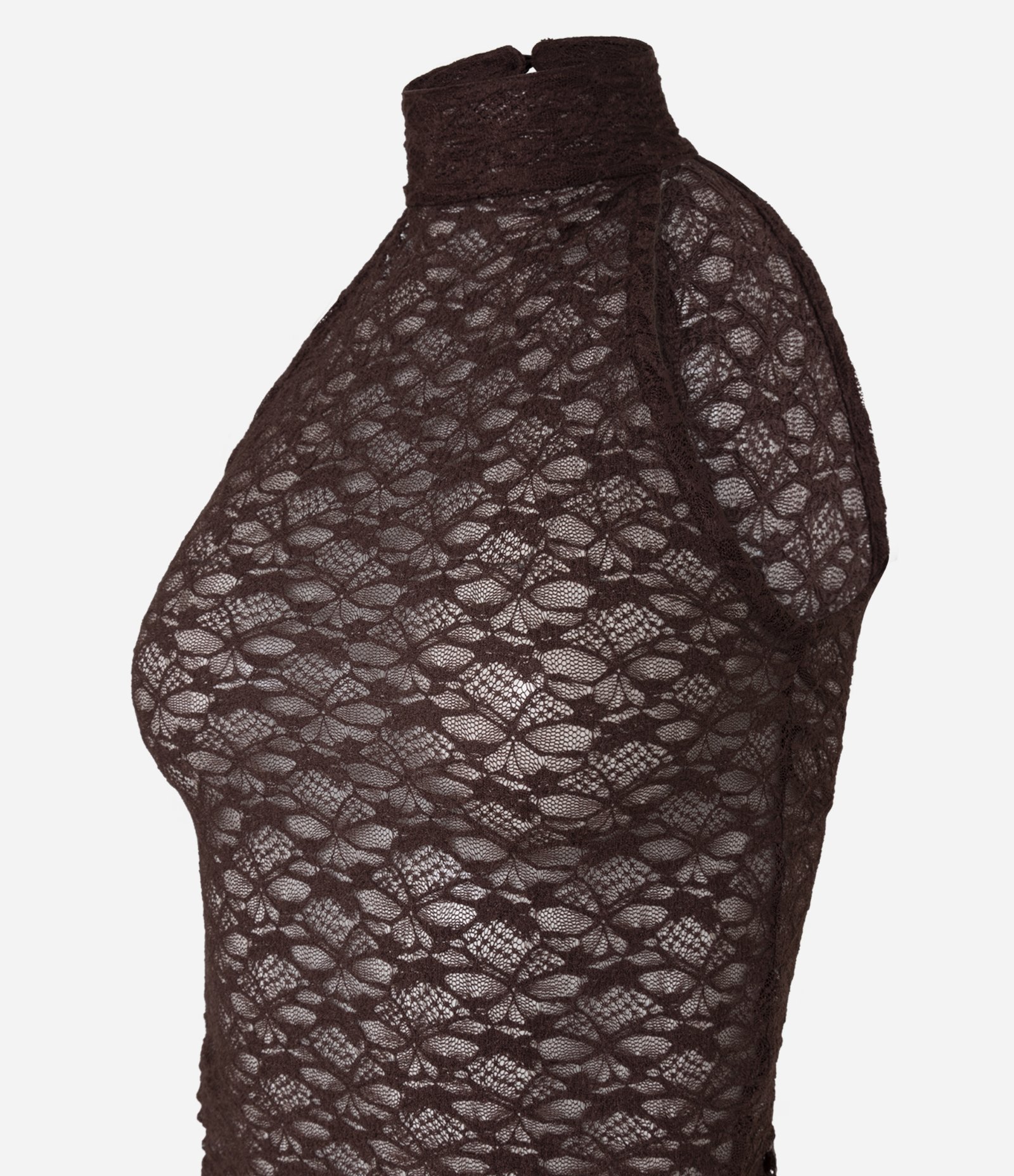 Blusa Halter em Renda com Gola Alta Marrom 2