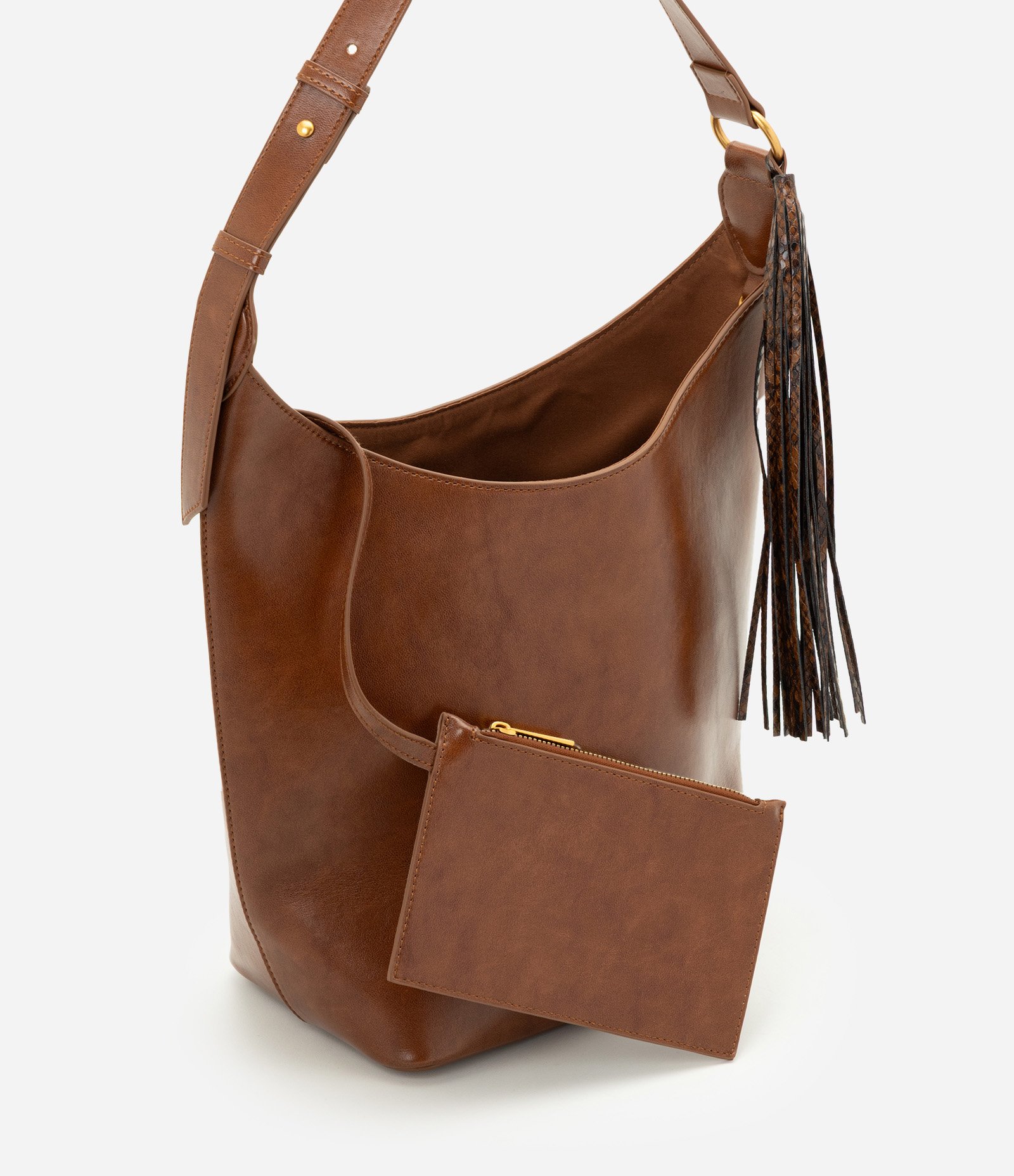 Bolsa Bucket Grande em PU com Detalhe de Tassel Marrom 1
