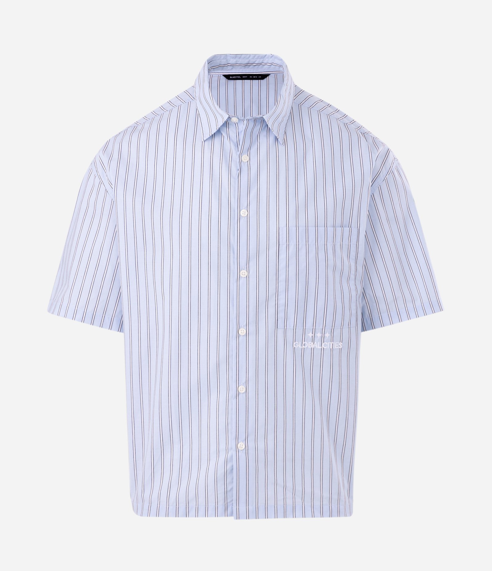 Camisa Boxy Listrada Fio Tinto com Bordado Azul 5