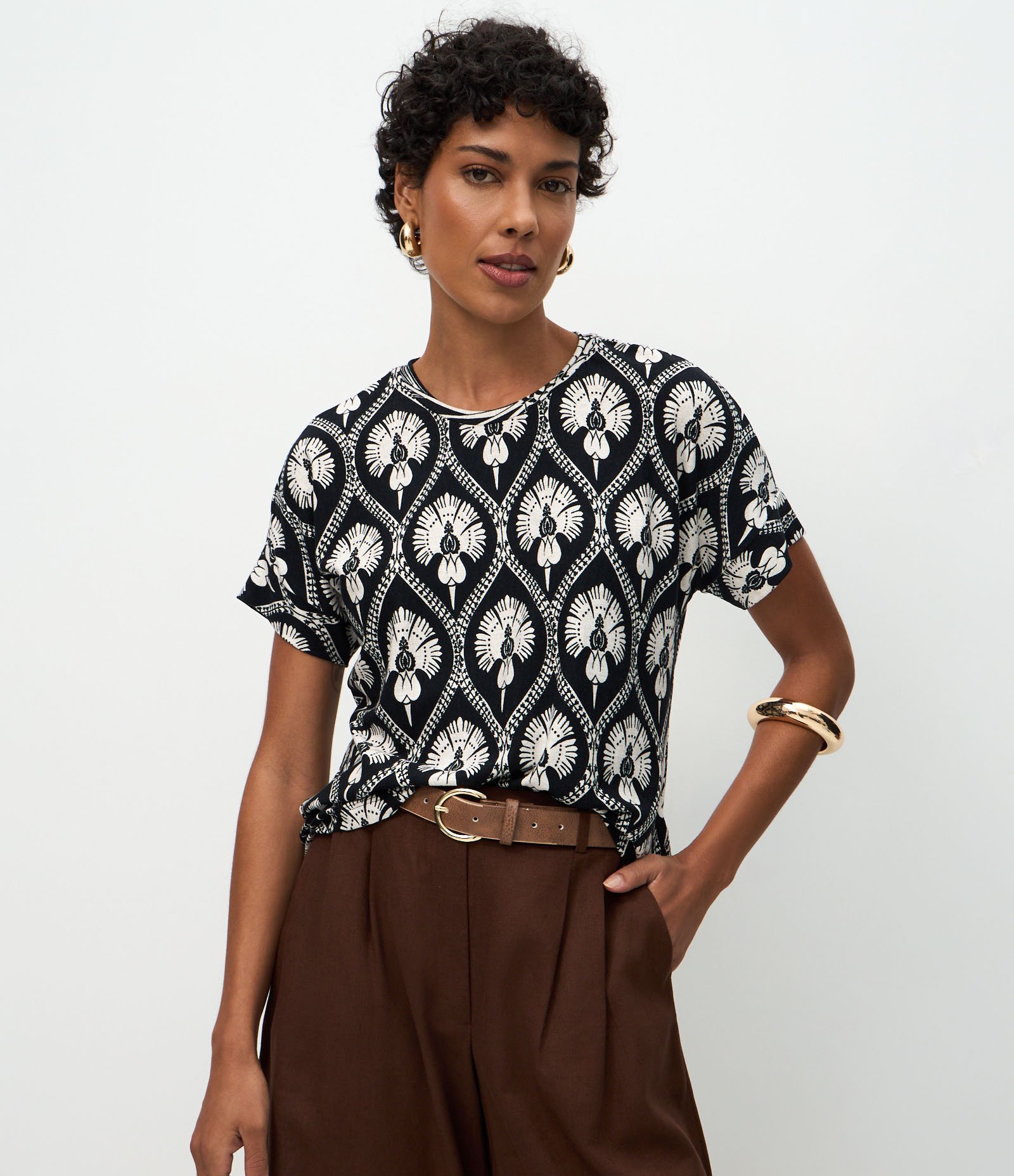 Blusa Manga Curta em Viscolycra com Estampa Preto 1