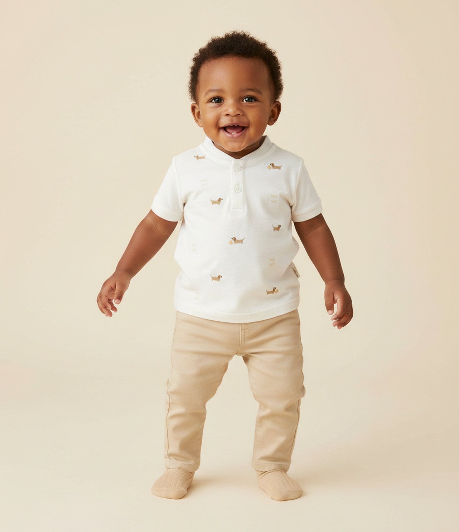 Camiseta Infantil com Gola Padre e Estampa Cachorro – Tam 0 a 18 Meses Off White 1