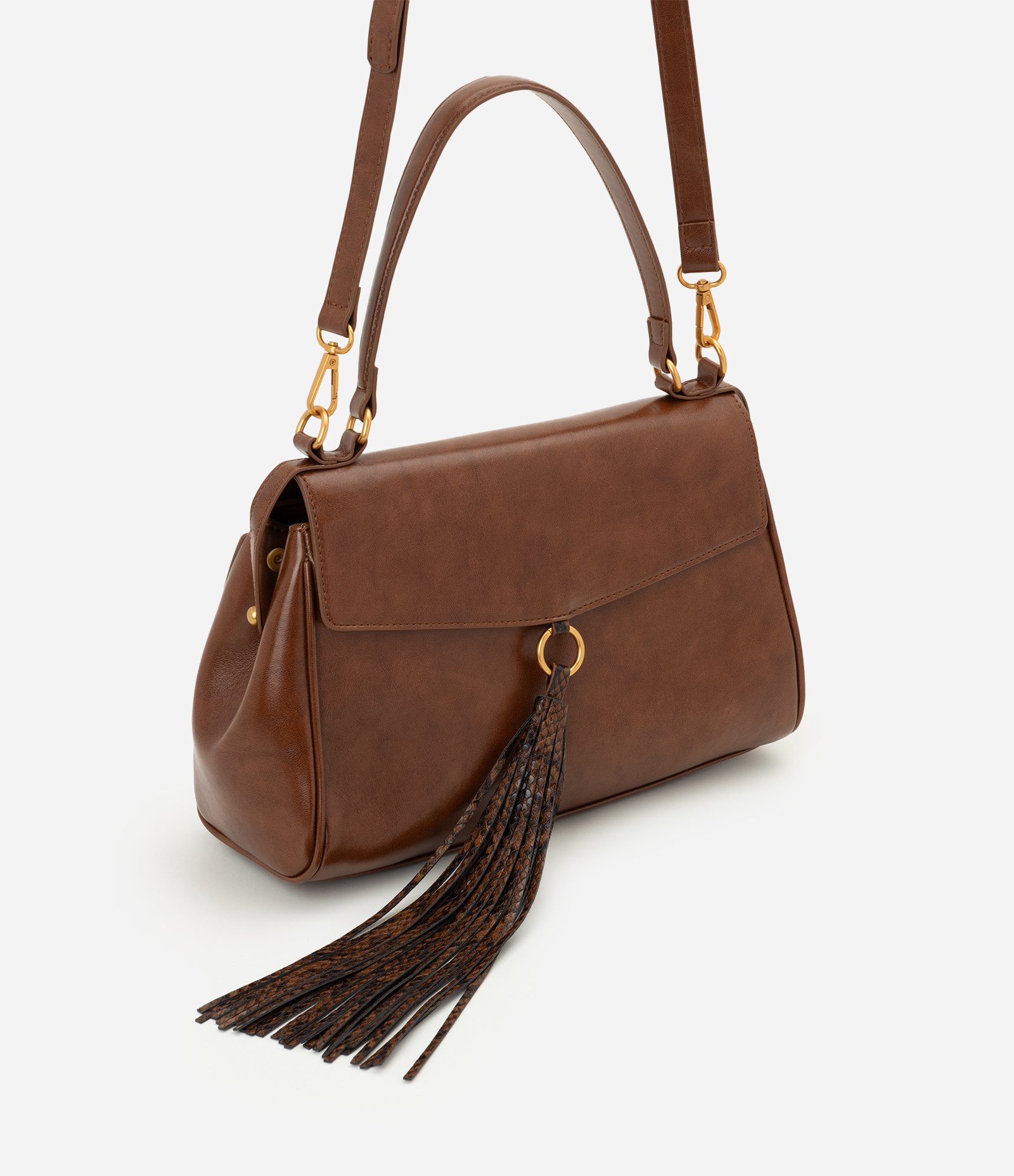 Bolsa Shoulder Média em PU com Tassel Estampado Marrom 1