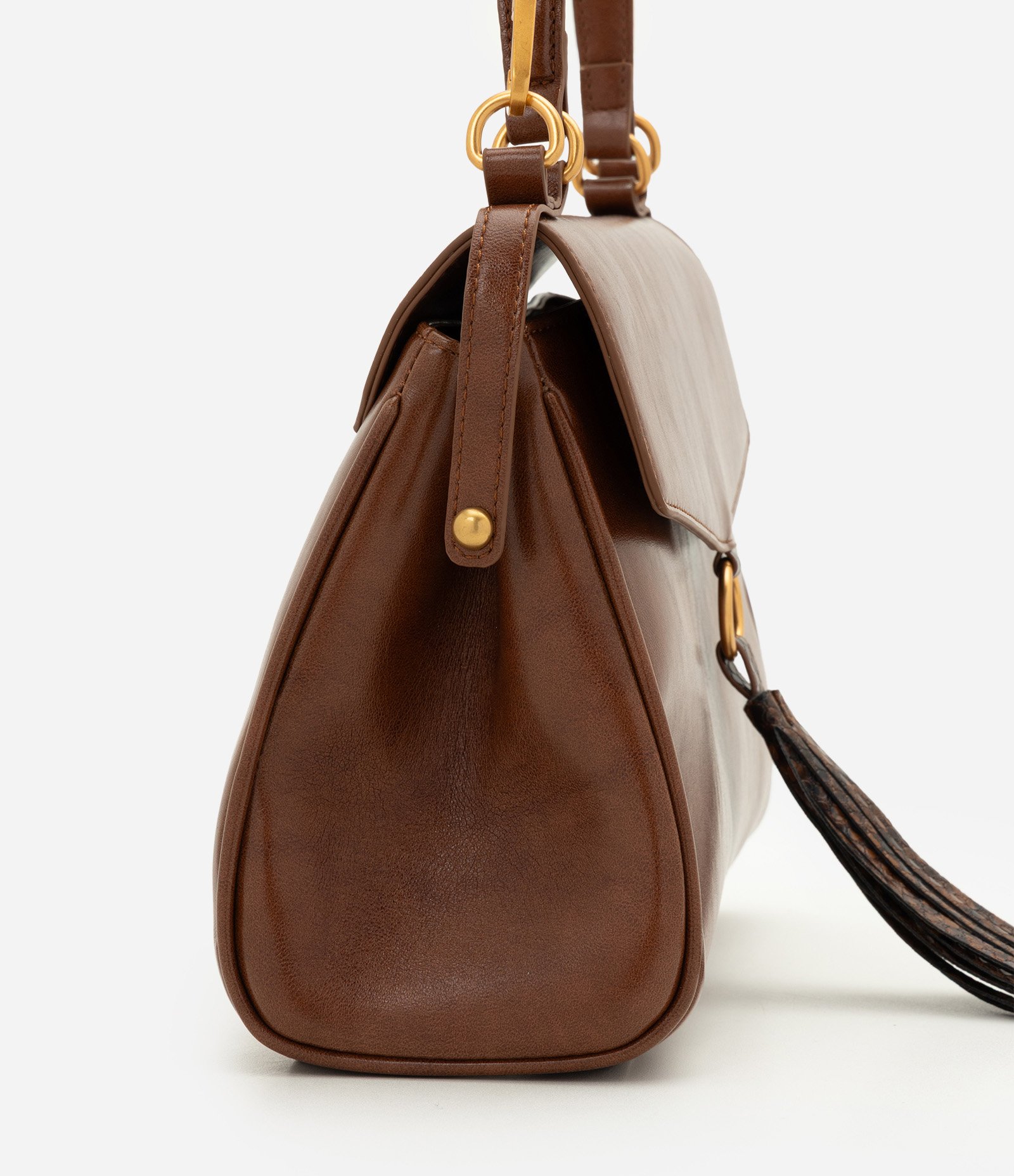 Bolsa Shoulder Média em PU com Tassel Estampado Marrom 2