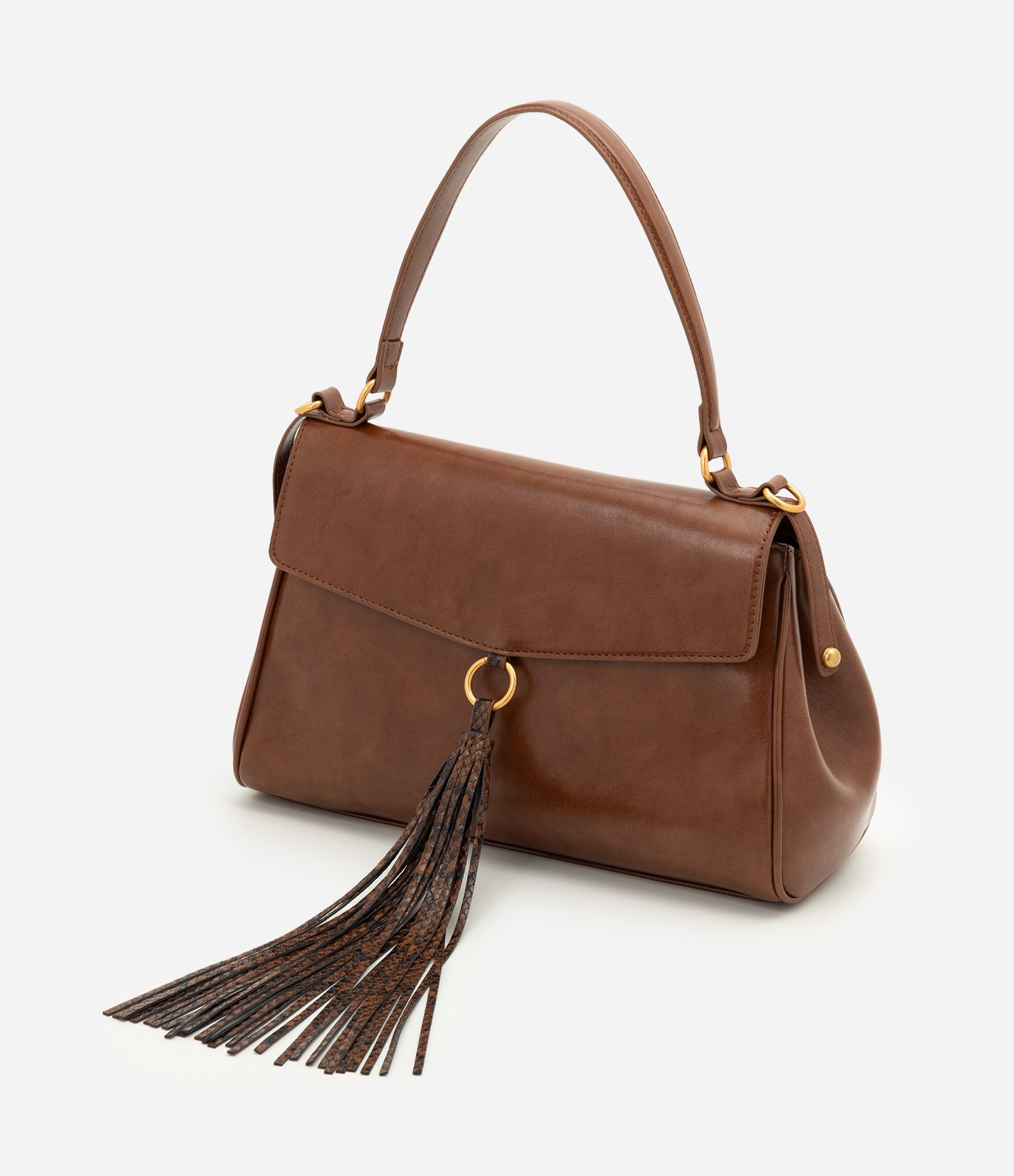 Bolsa Shoulder Média em PU com Tassel Estampado Marrom 4
