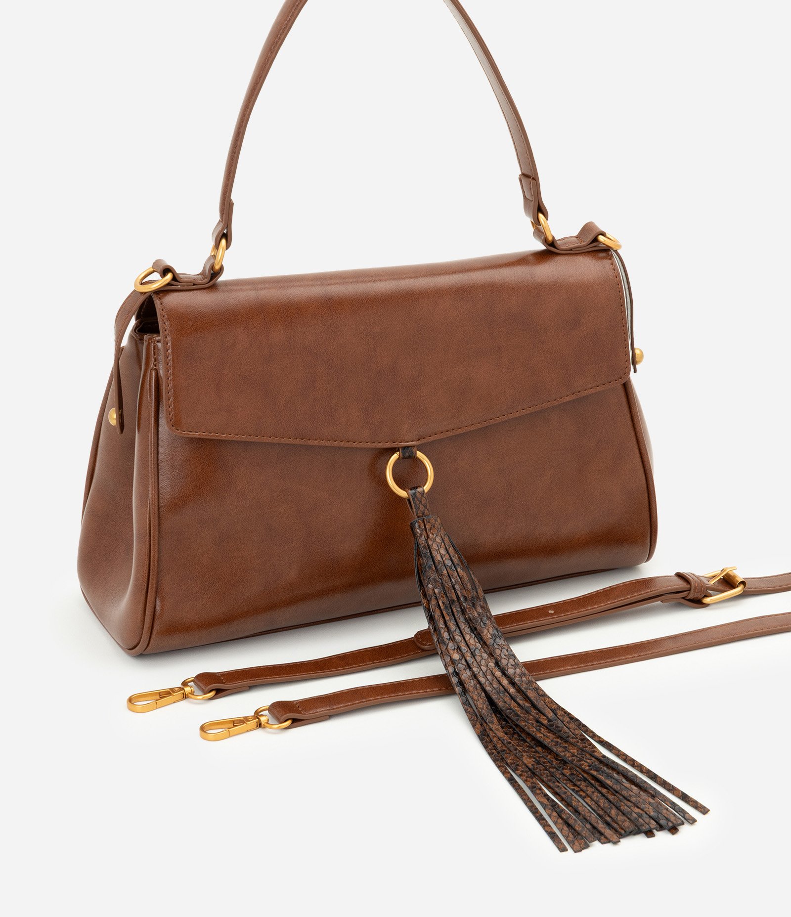 Bolsa Shoulder Média em PU com Tassel Estampado Marrom 6