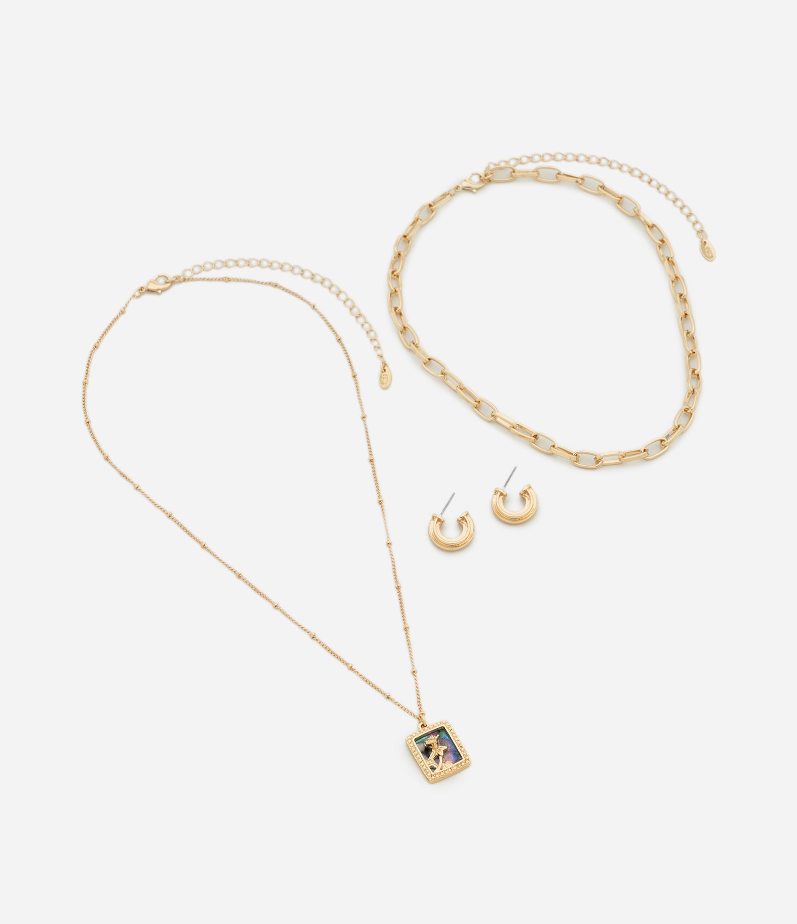 Conjunto de Colar Camadas com Pingente de Flor e Brincos Argola Dourado 2