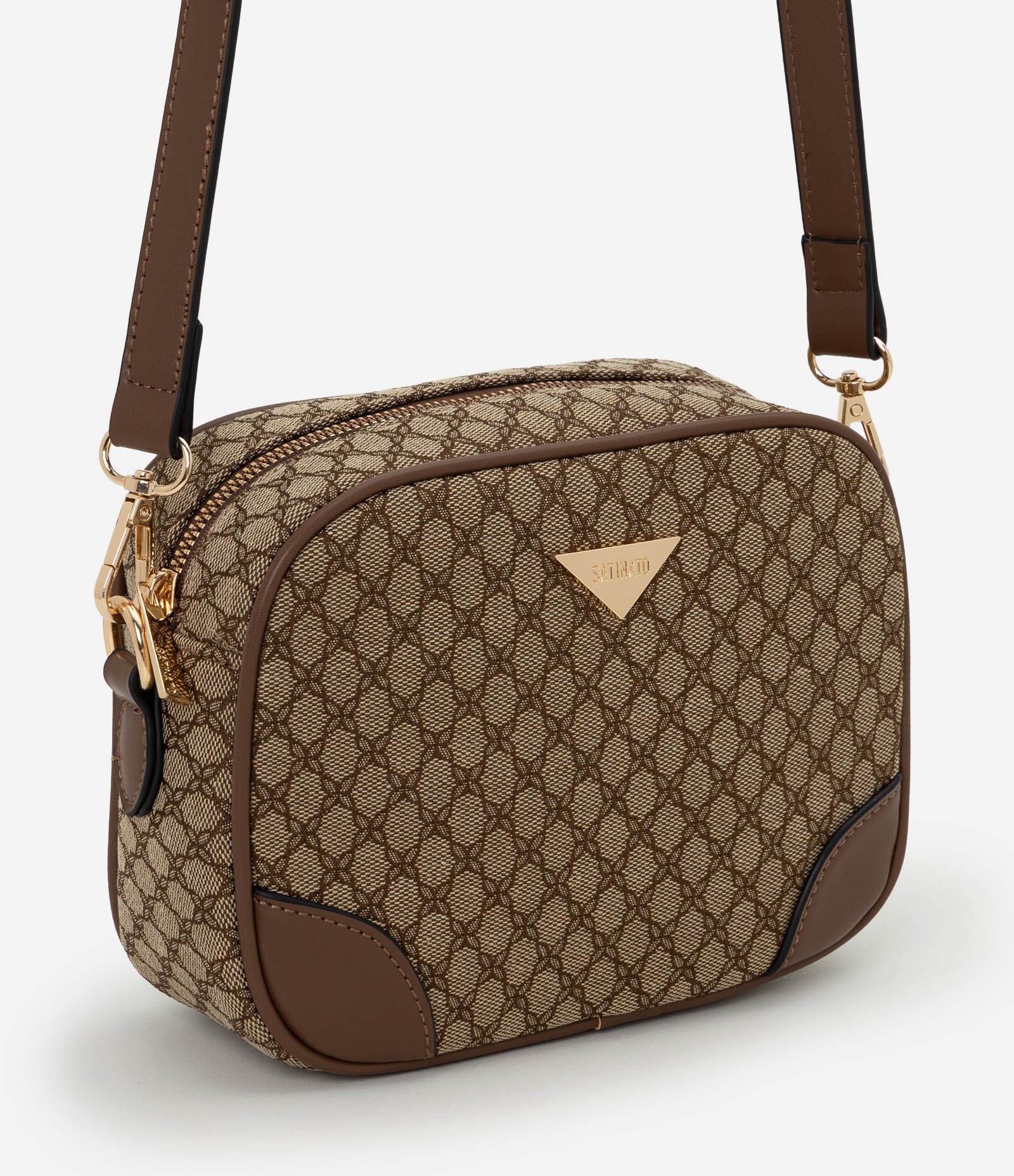 Bolsa Transversal Pequena em PU com Metais Aplicados Marrom 1