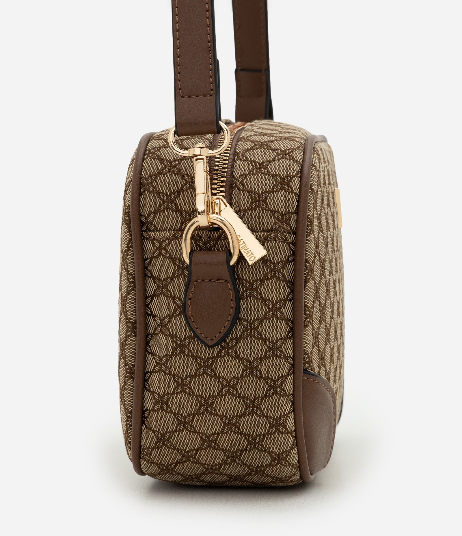 Bolsa Transversal Pequena em PU com Metais Aplicados Marrom 2