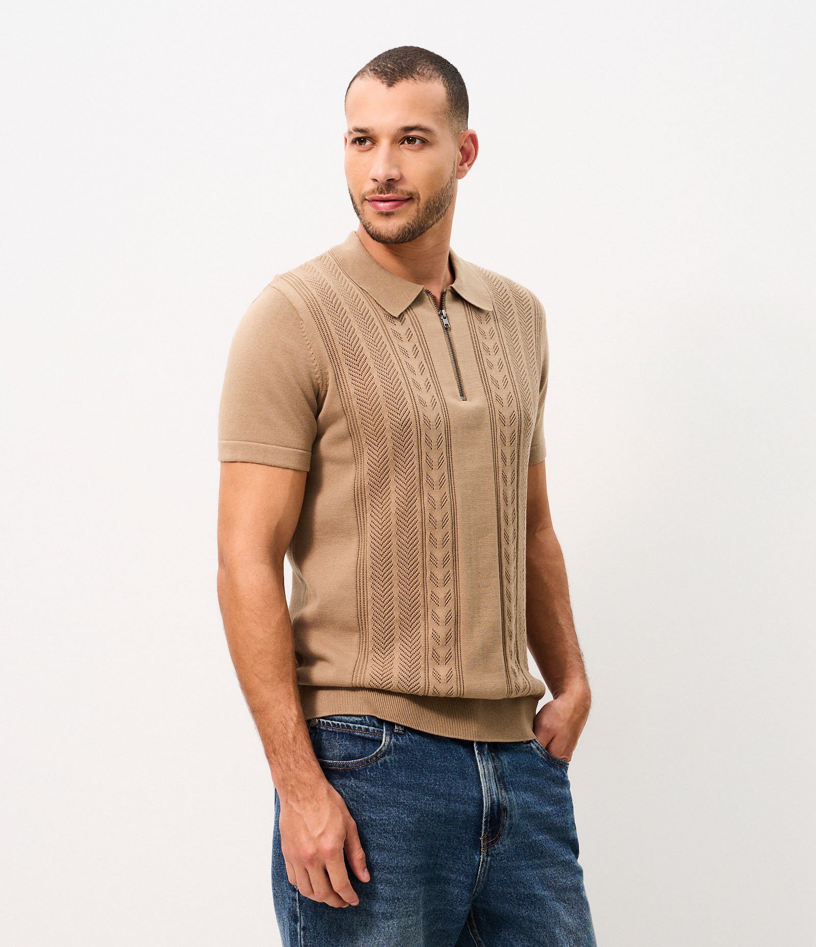 Polo Texturizada Half Zipper Algodão Marrom 1