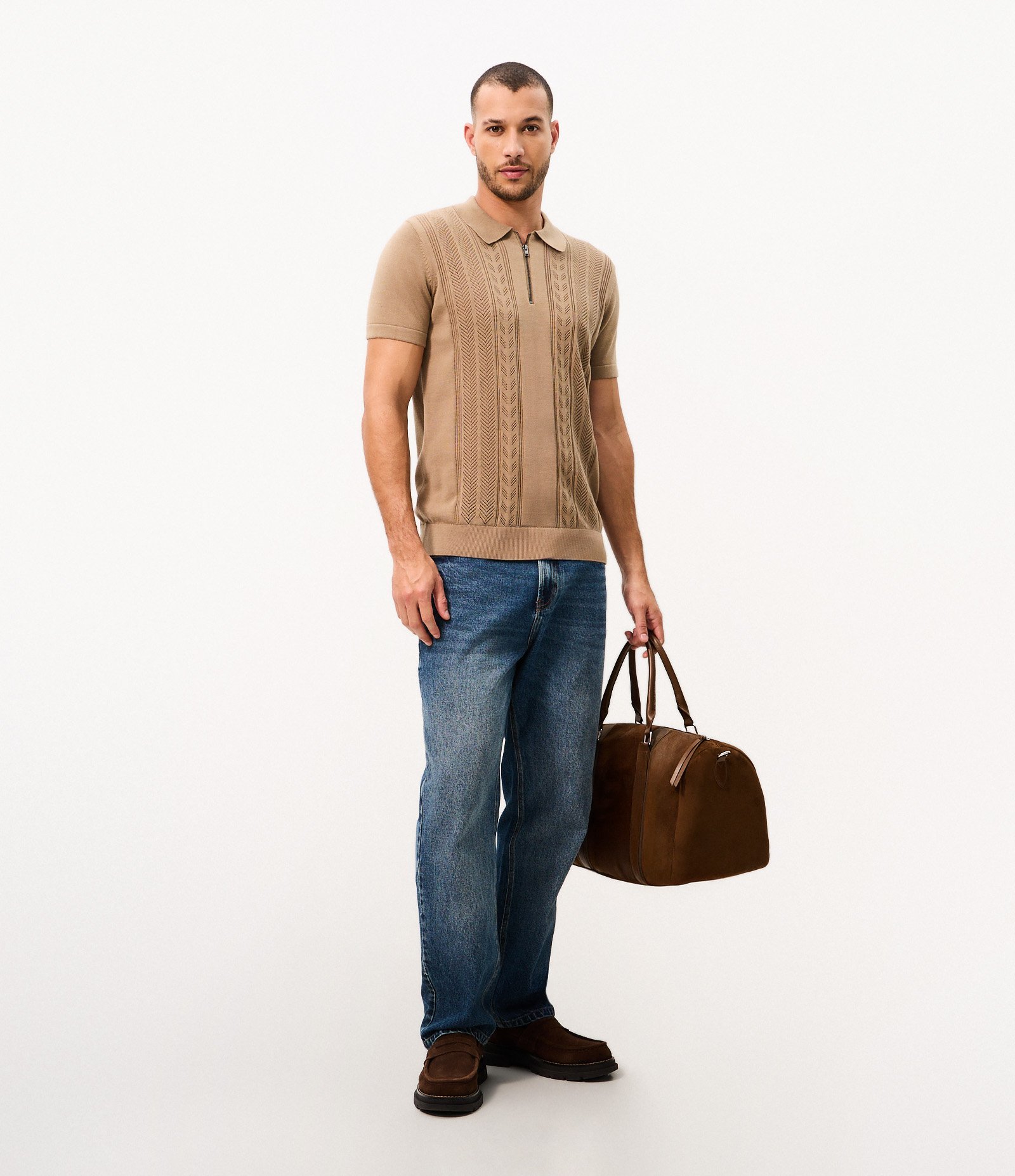 Polo Texturizada Half Zipper Algodão Marrom 2
