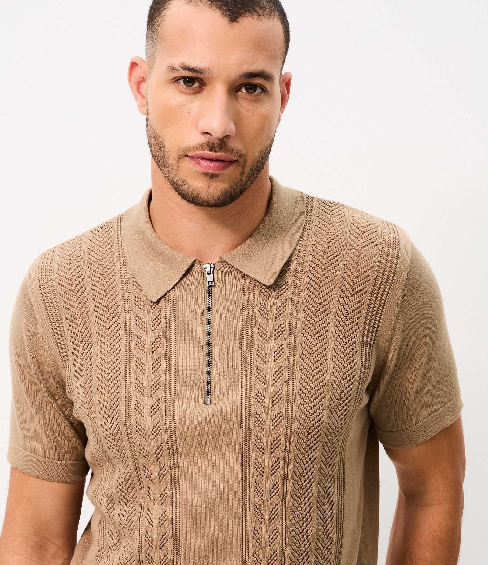 Polo Texturizada Half Zipper Algodão Marrom 4