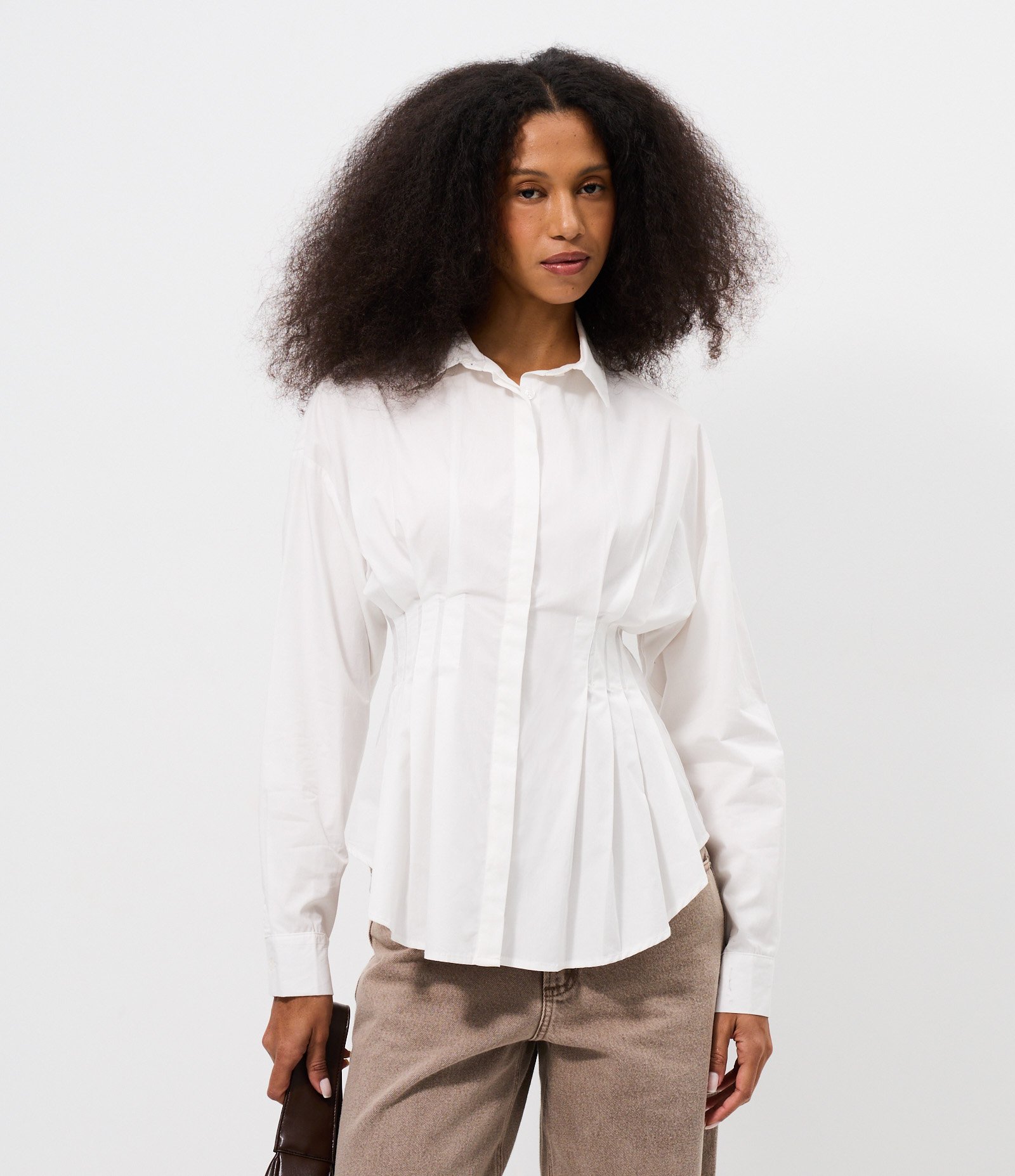 Camisa Acinturada com Pregas em Tricoline Branco 1