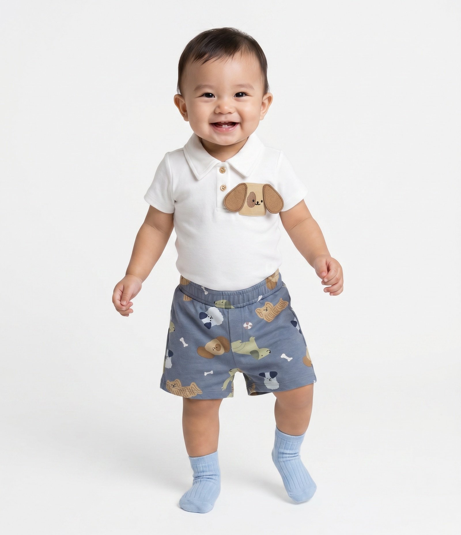Conjunto Bebê em Algodão com Camiseta e Bermuda com Estampa de Cachorro - Tam 0 a 18 Meses Branco 1