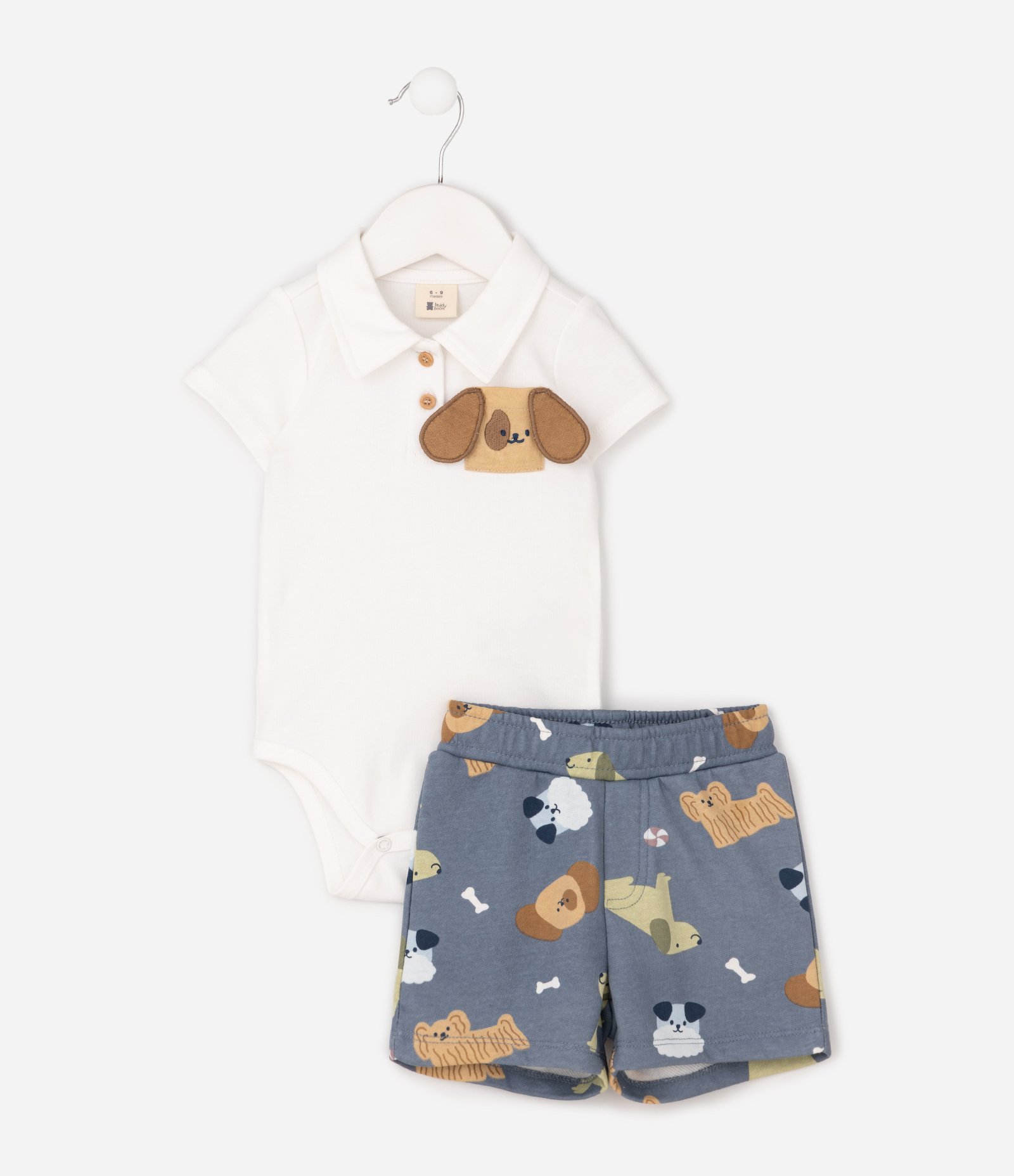 Conjunto Bebê em Algodão com Camiseta e Bermuda com Estampa de Cachorro - Tam 0 a 18 Meses Branco 2
