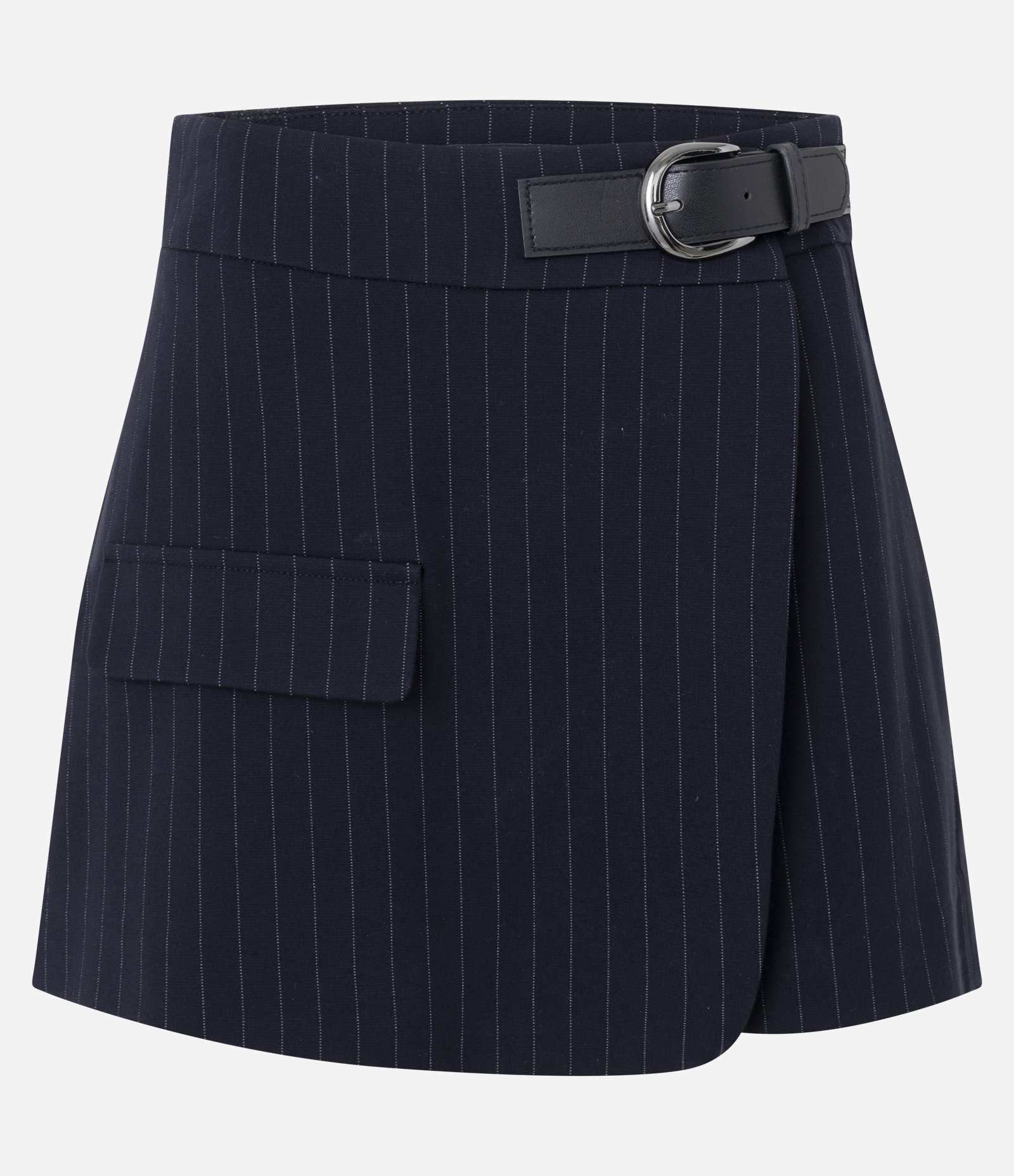 Short Saia Alfaiatado em Ponto Roma com Cinto Lateral e Risca de Giz Azul 1