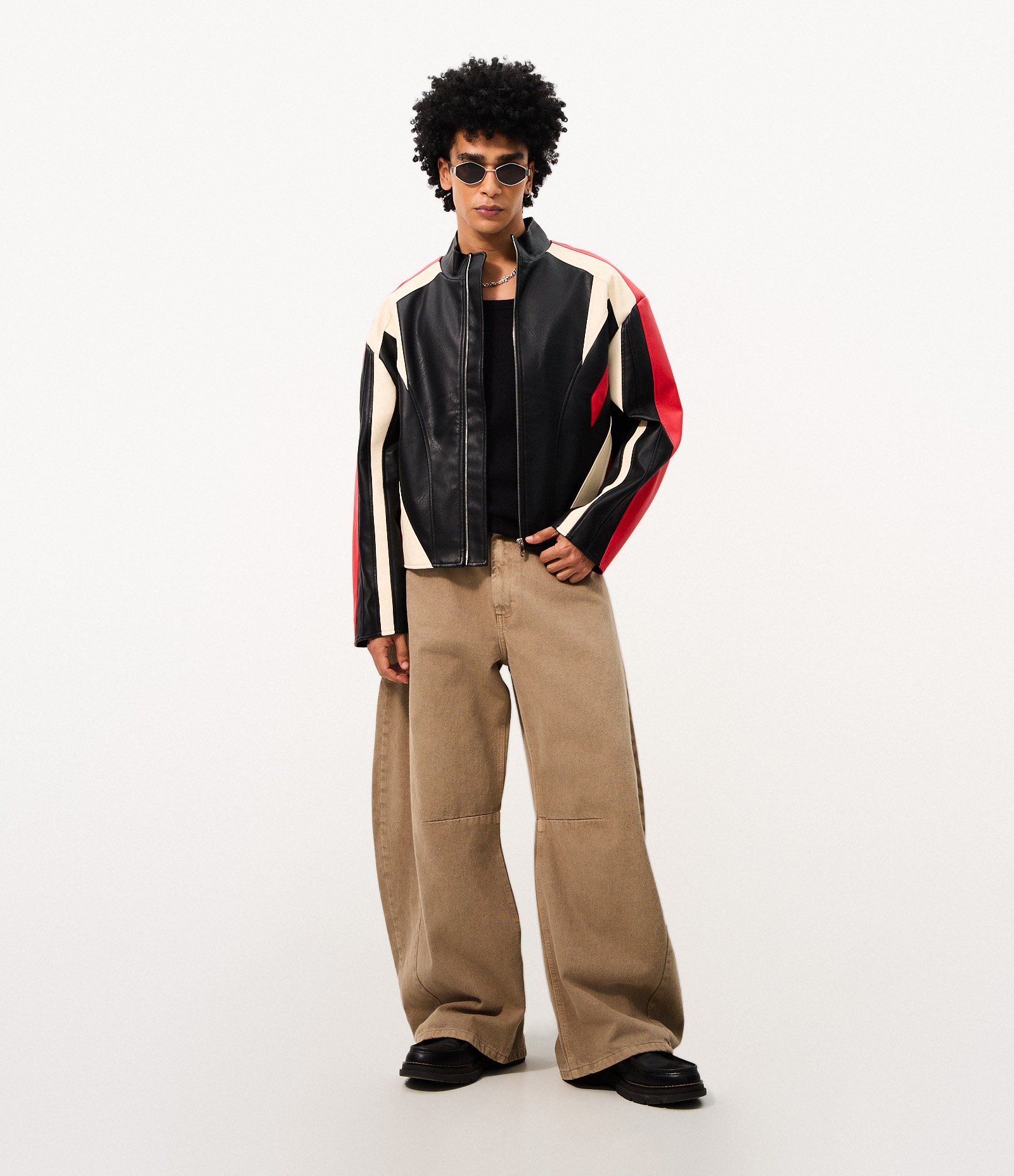 Jaqueta Masculina PU Thriller com Painéis Contrastantes Preto 2