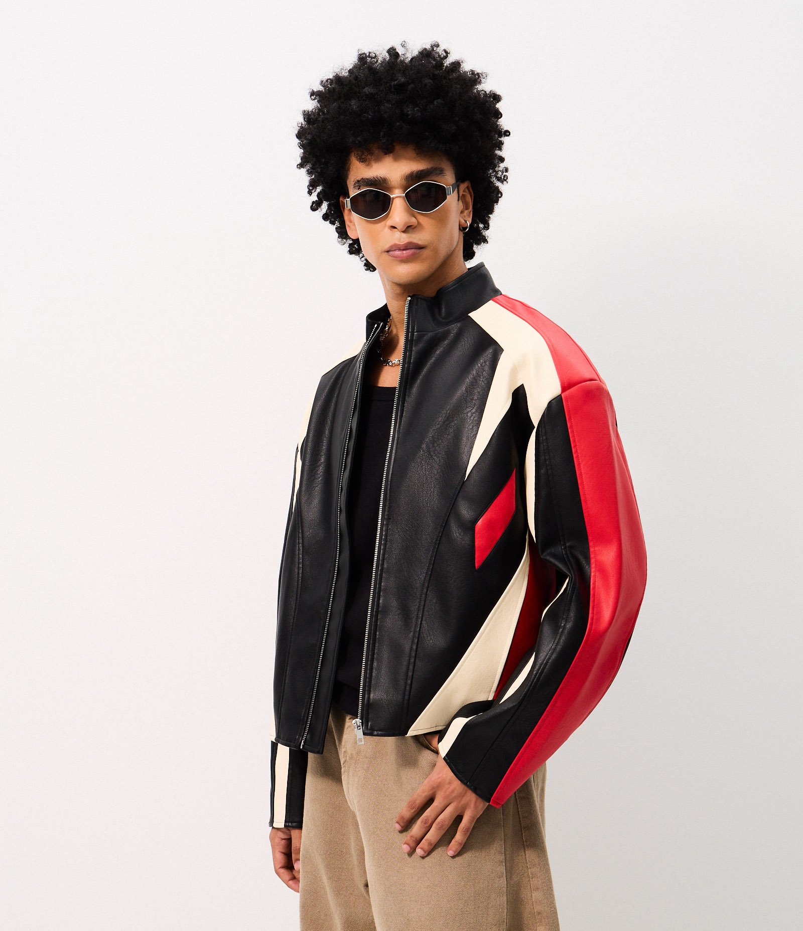 Jaqueta Masculina PU Thriller com Painéis Contrastantes Preto 4