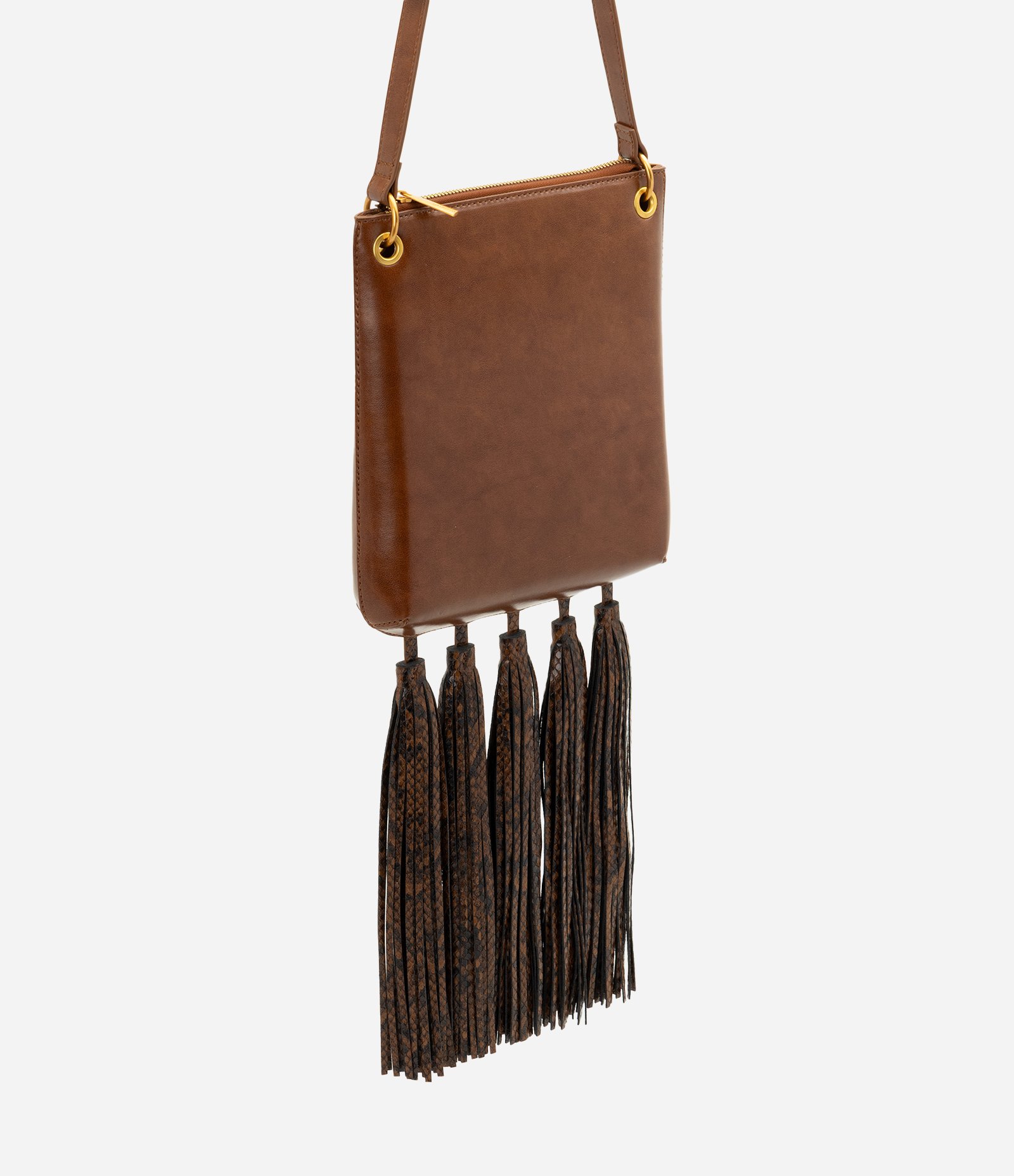 Bolsa Postman Média em PU com Tassel Estampado Marrom 1