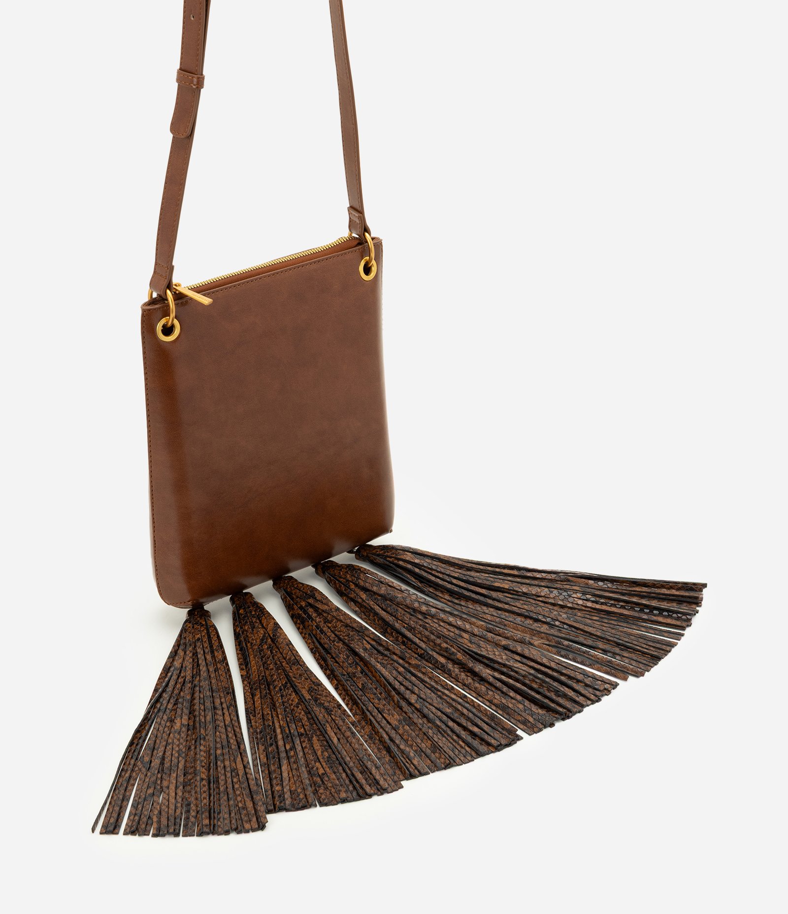 Bolsa Postman Média em PU com Tassel Estampado Marrom 5