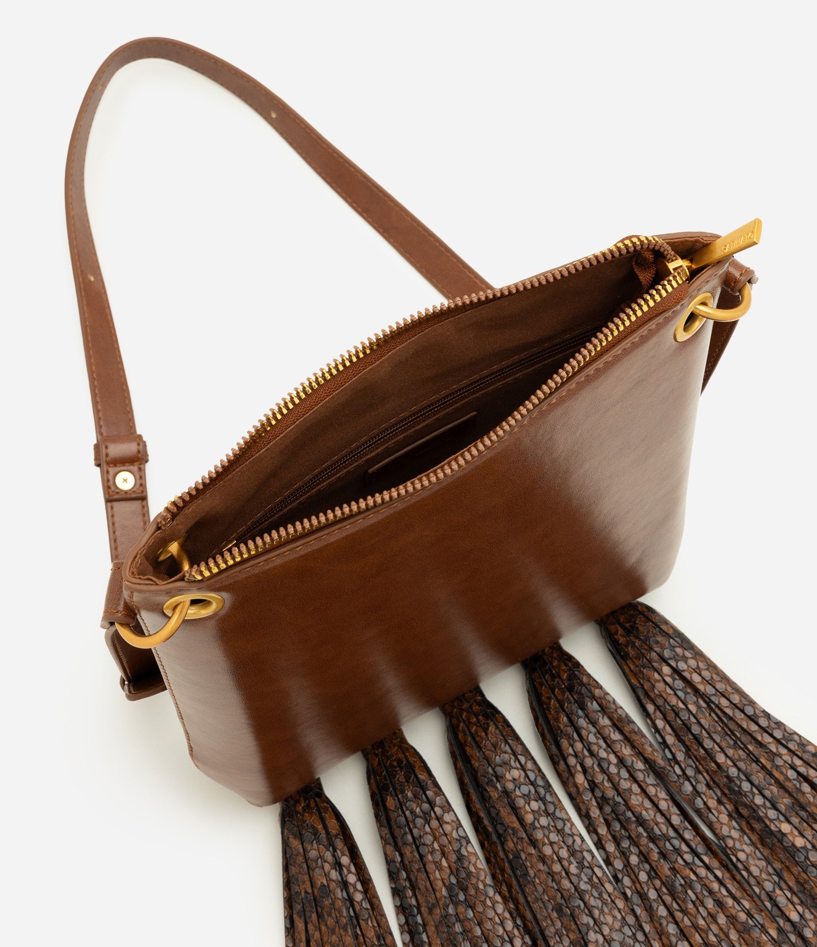 Bolsa Postman Média em PU com Tassel Estampado Marrom 6