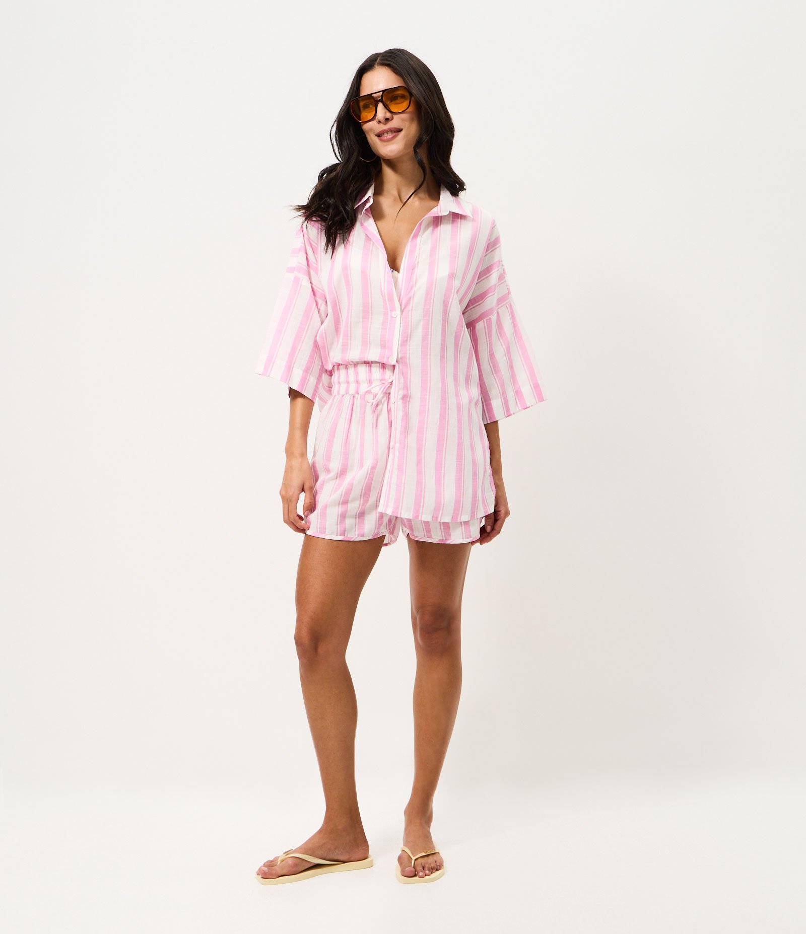 Saída de Praia Bata em Cotton com Estampa de Listras Fio Tinto Rosa 2