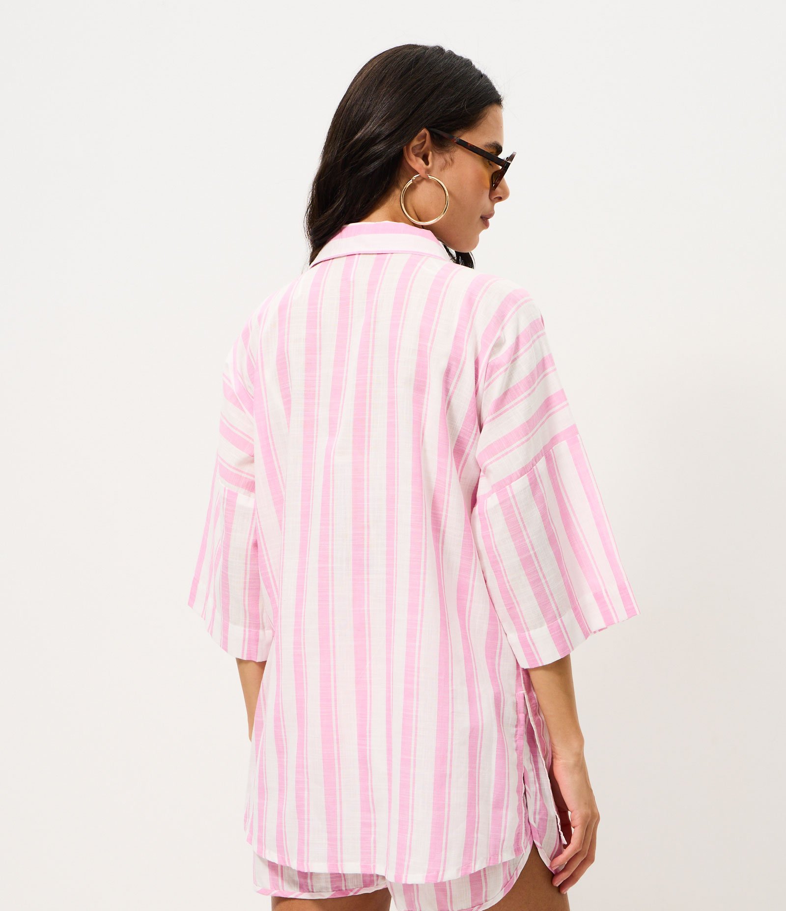 Saída de Praia Bata em Cotton com Estampa de Listras Fio Tinto Rosa 4