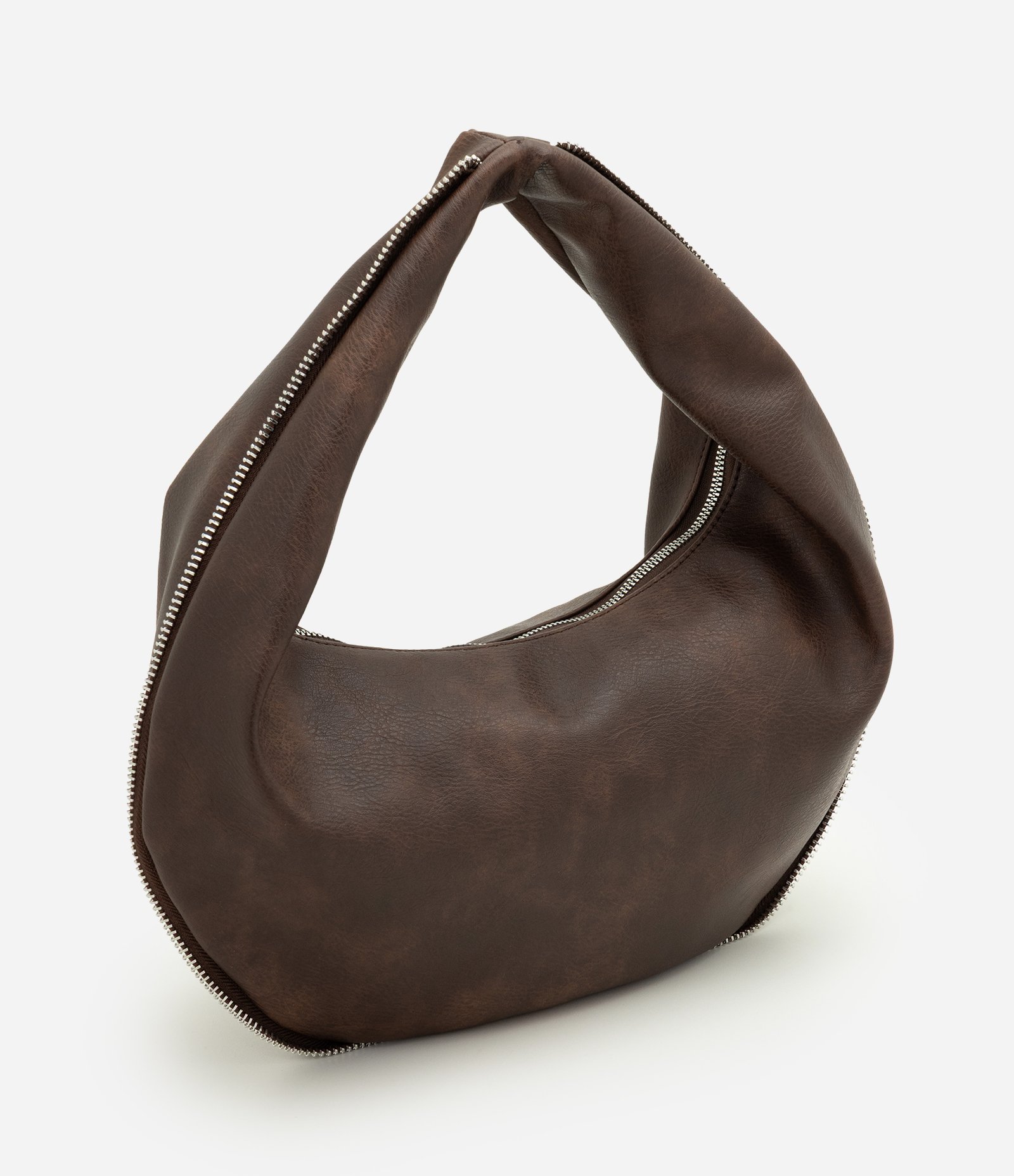 Bolsa Baguete Média em PU com Formato Curvo Marrom Escuro 1