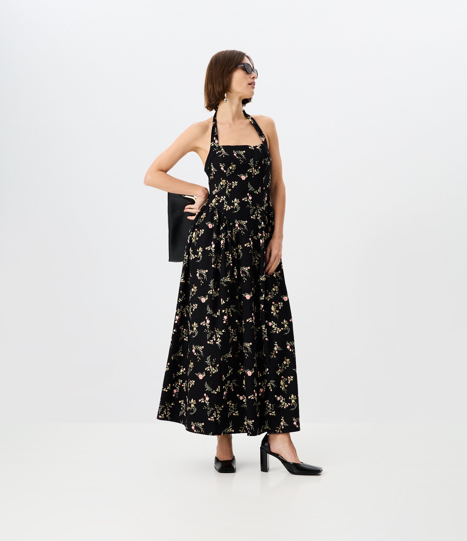 Vestido Midi com Estampa Floral e Decote Quadrado Preto 1