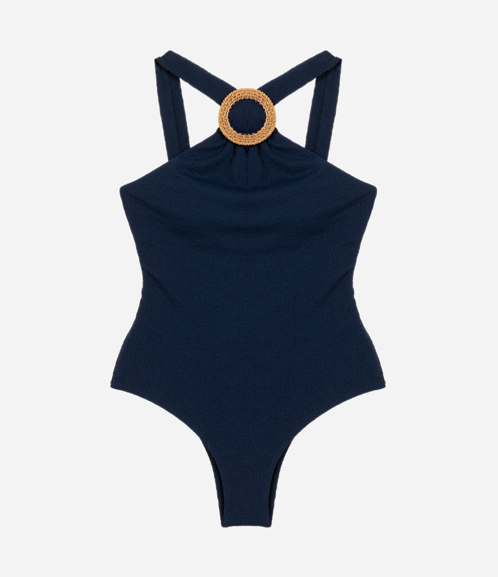 Maiô Halter em Microfibra Texturizada com Aviamento de Palha Azul 5