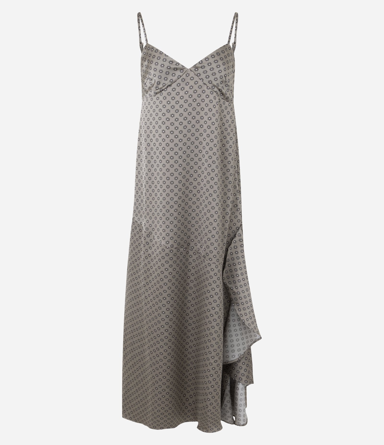 Vestido Slip Acetinado com Fenda Lateral e Babados Cinza 1