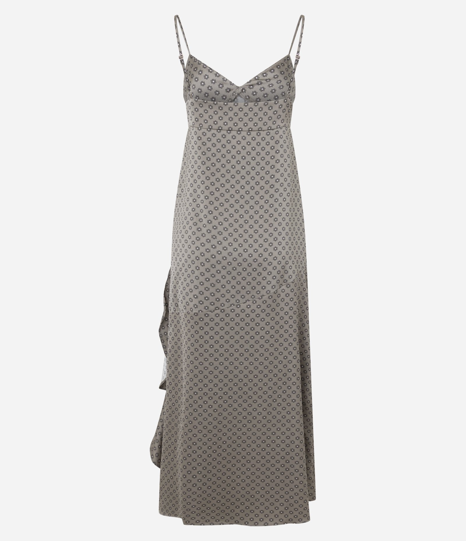 Vestido Slip Acetinado com Fenda Lateral e Babados Cinza 2