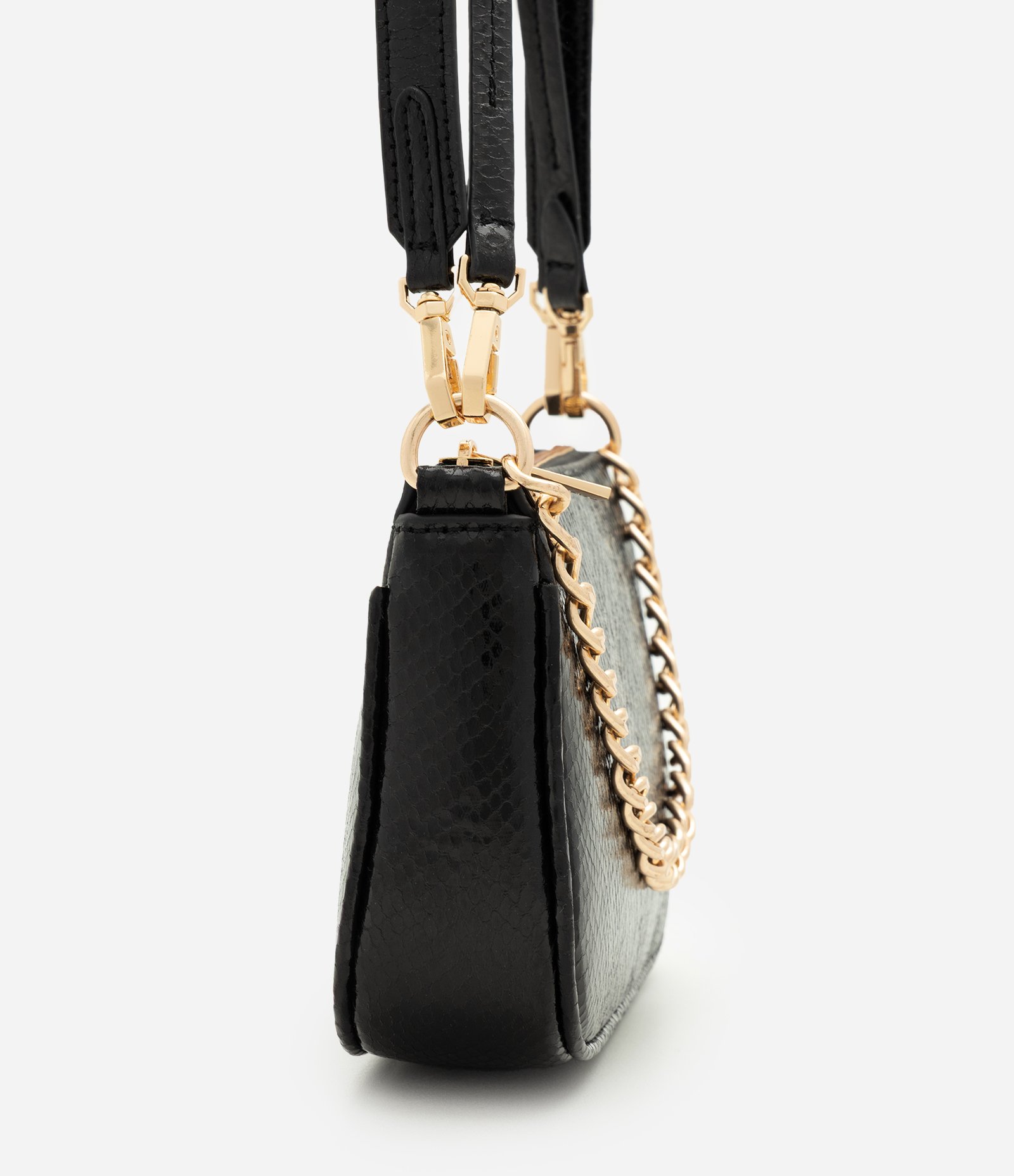 Bolsa Shoulder Pequena em PU com Detalhe de Corrente Preto 2