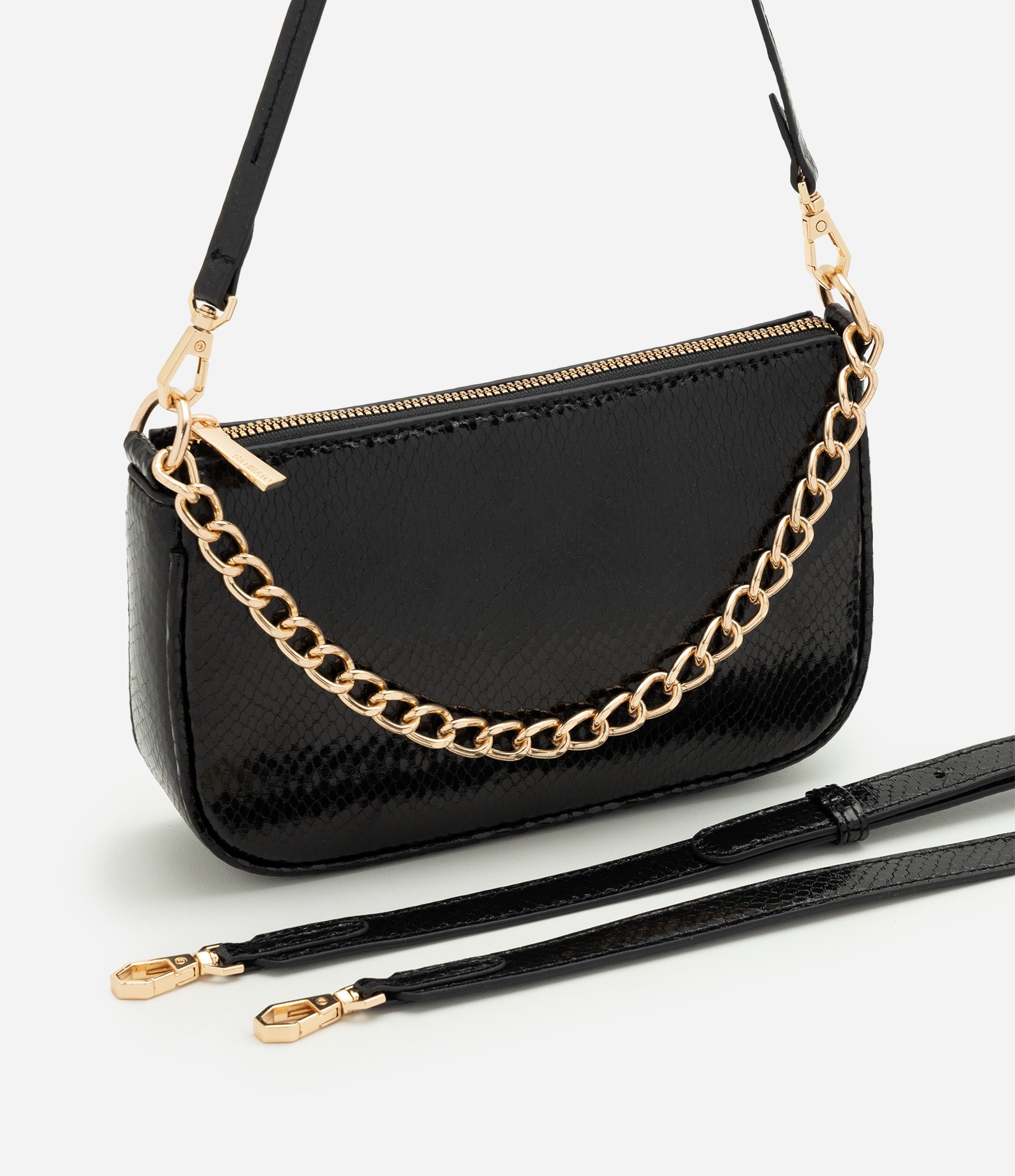 Bolsa Shoulder Pequena em PU com Detalhe de Corrente Preto 6