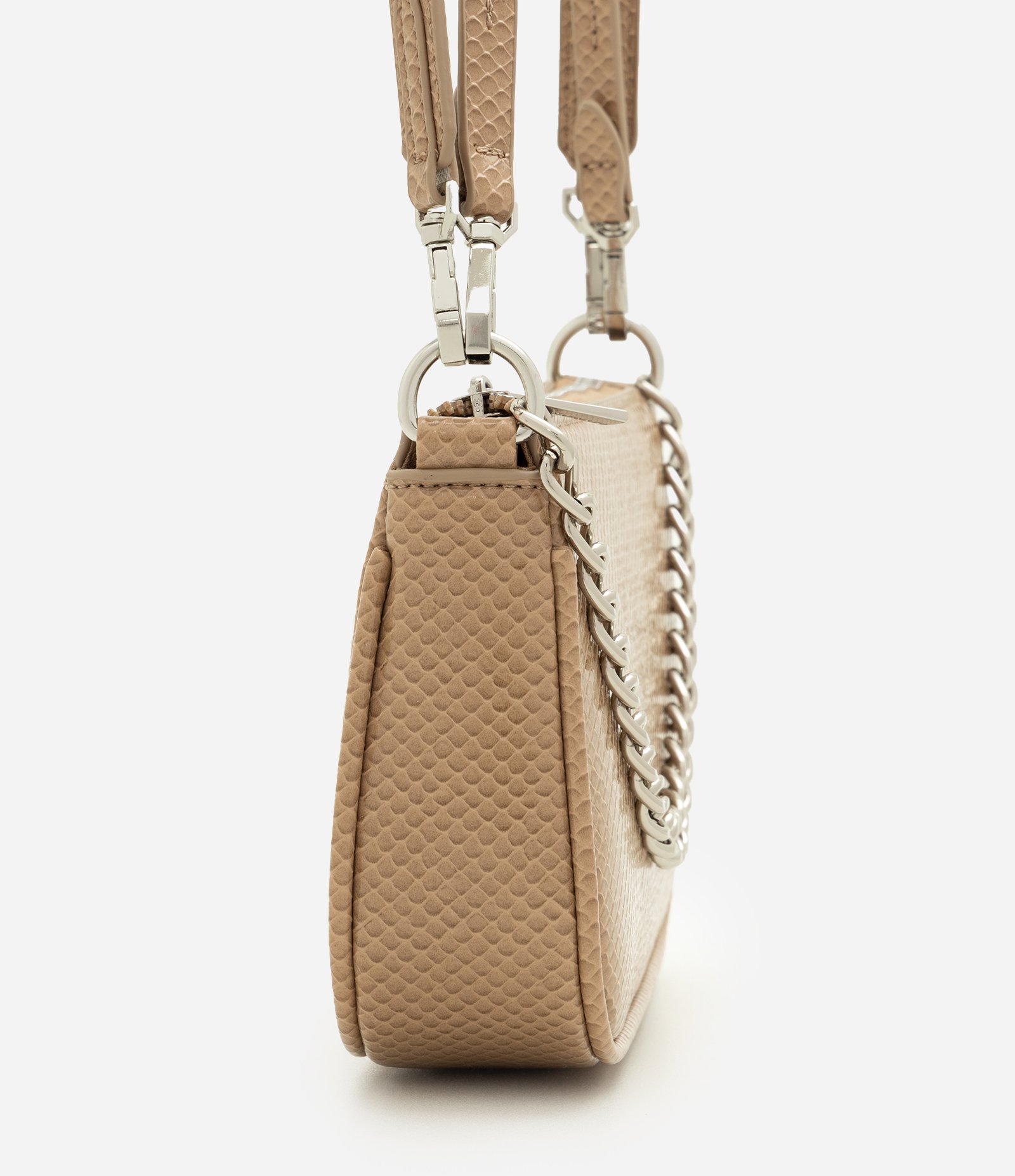 Bolsa Shoulder Pequena em PU com Detalhe de Corrente Bege 2