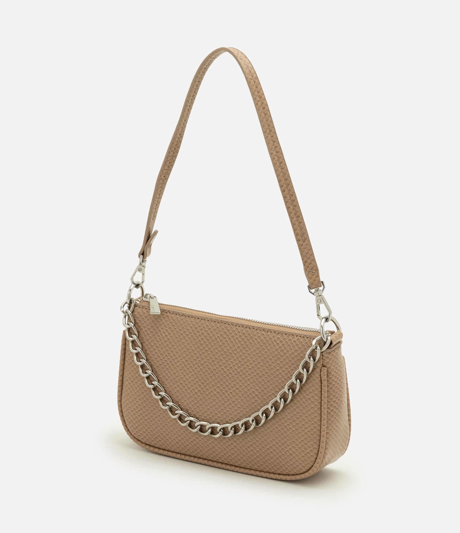 Bolsa Shoulder Pequena em PU com Detalhe de Corrente Bege 4