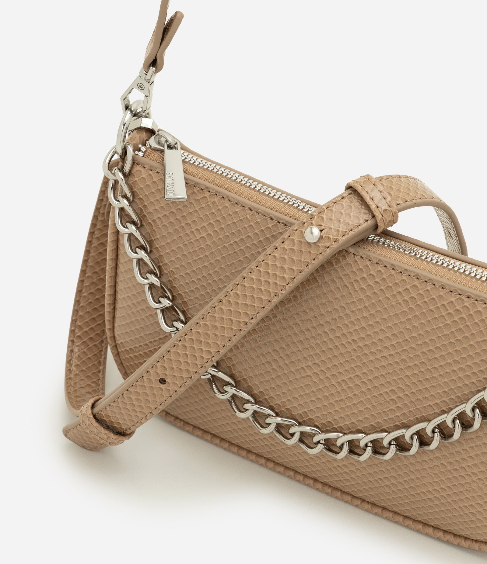 Bolsa Shoulder Pequena em PU com Detalhe de Corrente Bege 5