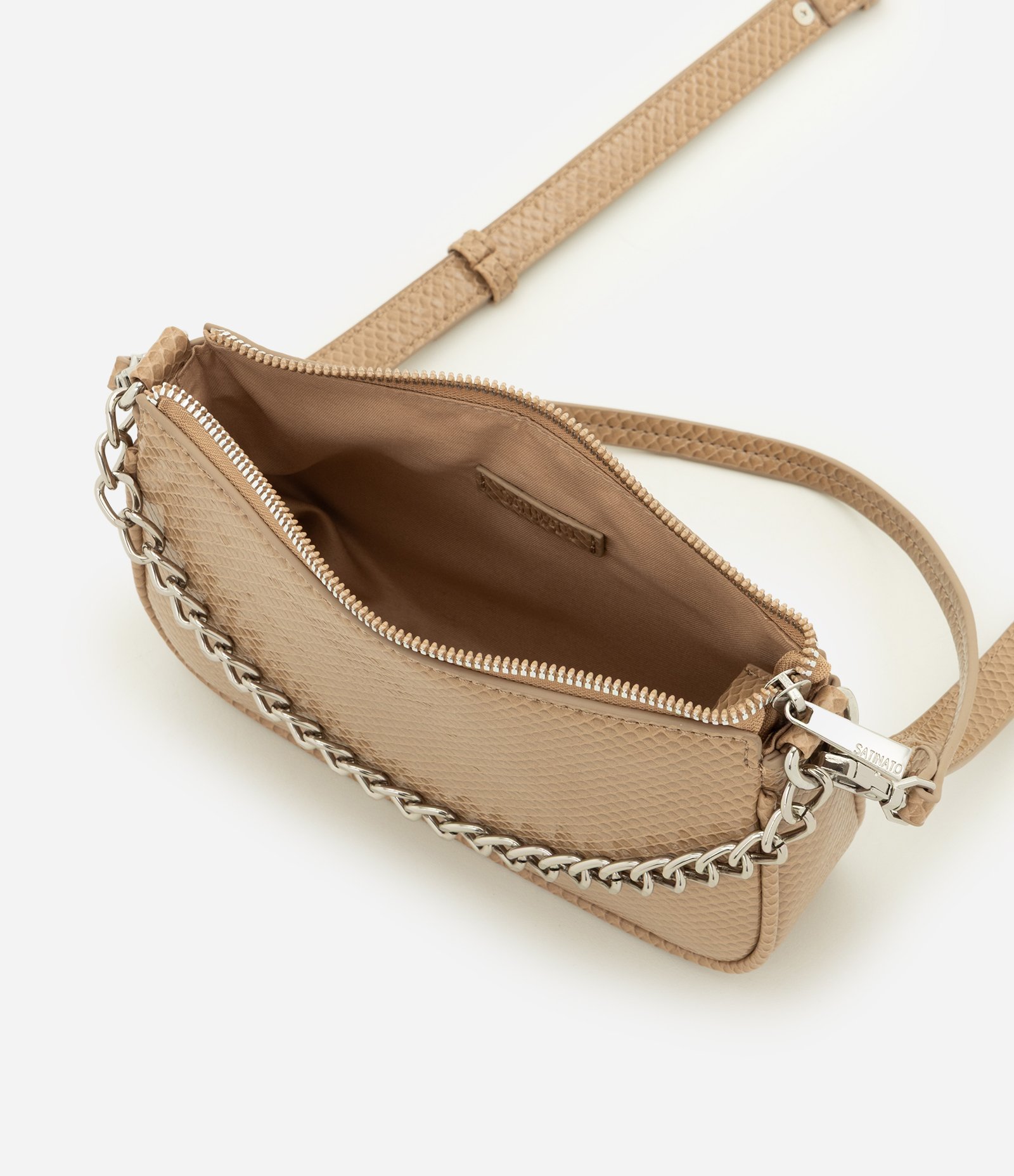 Bolsa Shoulder Pequena em PU com Detalhe de Corrente Bege 6