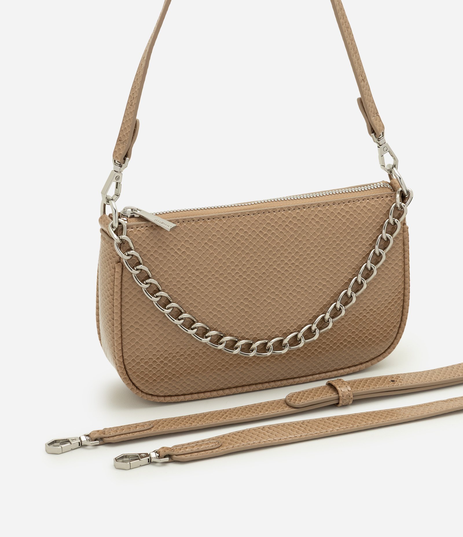 Bolsa Shoulder Pequena em PU com Detalhe de Corrente Bege 7